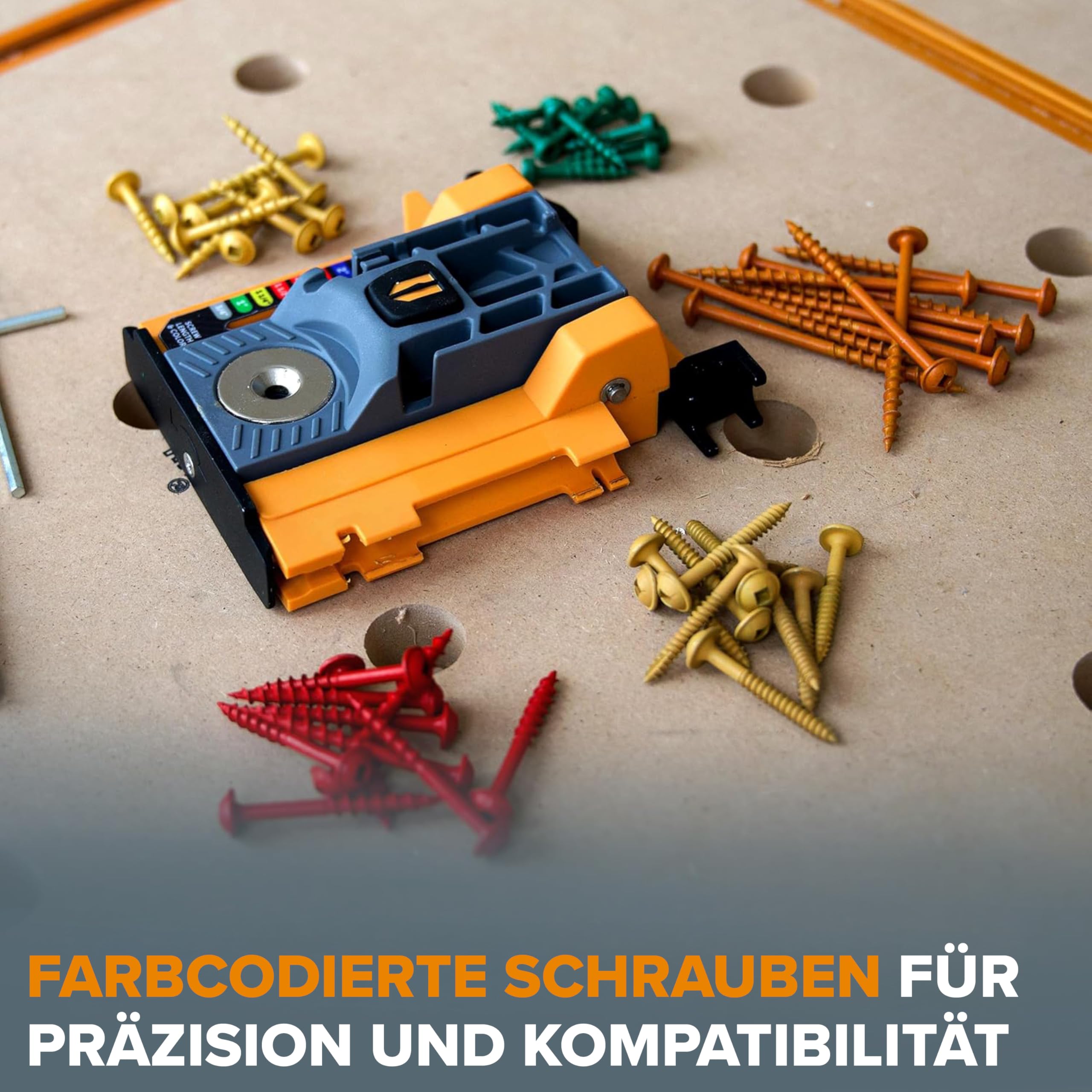 BORA Mini-Taschenloch-Bohrschablone – Automatische Tiefeneinstellung mit Push-Lock-System, Farbkodierte Schraubenführung – Für enge Räume & Holz bis 38 mm Stärke