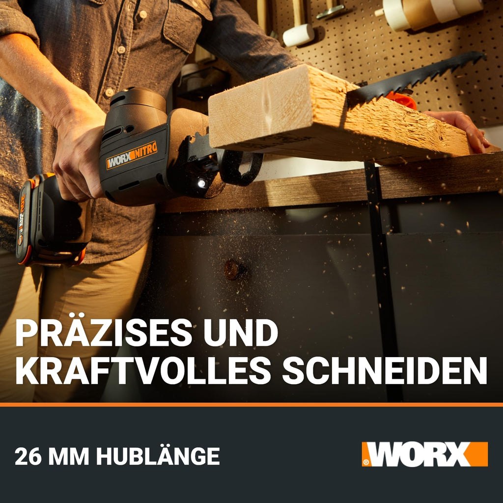 WORX WX501.9 Akku-Säbelsäge 20V – leistungsstarke Brushless Motor – 26mm Hublänge – 0-3000/min Leerlaufdrehzahl– leicht & kompakt – werkzeugloser Messerwechsel – LED Licht – ohne Akku & Ladegerät