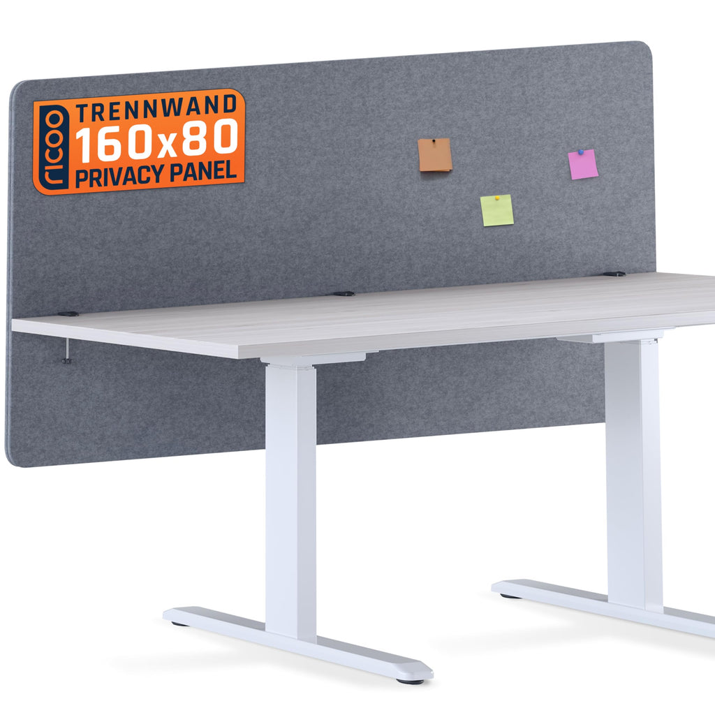 RICOO ZAP1680-G Akustik Trennwand Schreibtisch 160 x 80cm Sichtschutz Schreibtisch Trennwand Filz Pinnwand Grau Geräuschdämmung Akustik Diffusor Schallschutz Büro Tischtrennwand mit Tischklemme