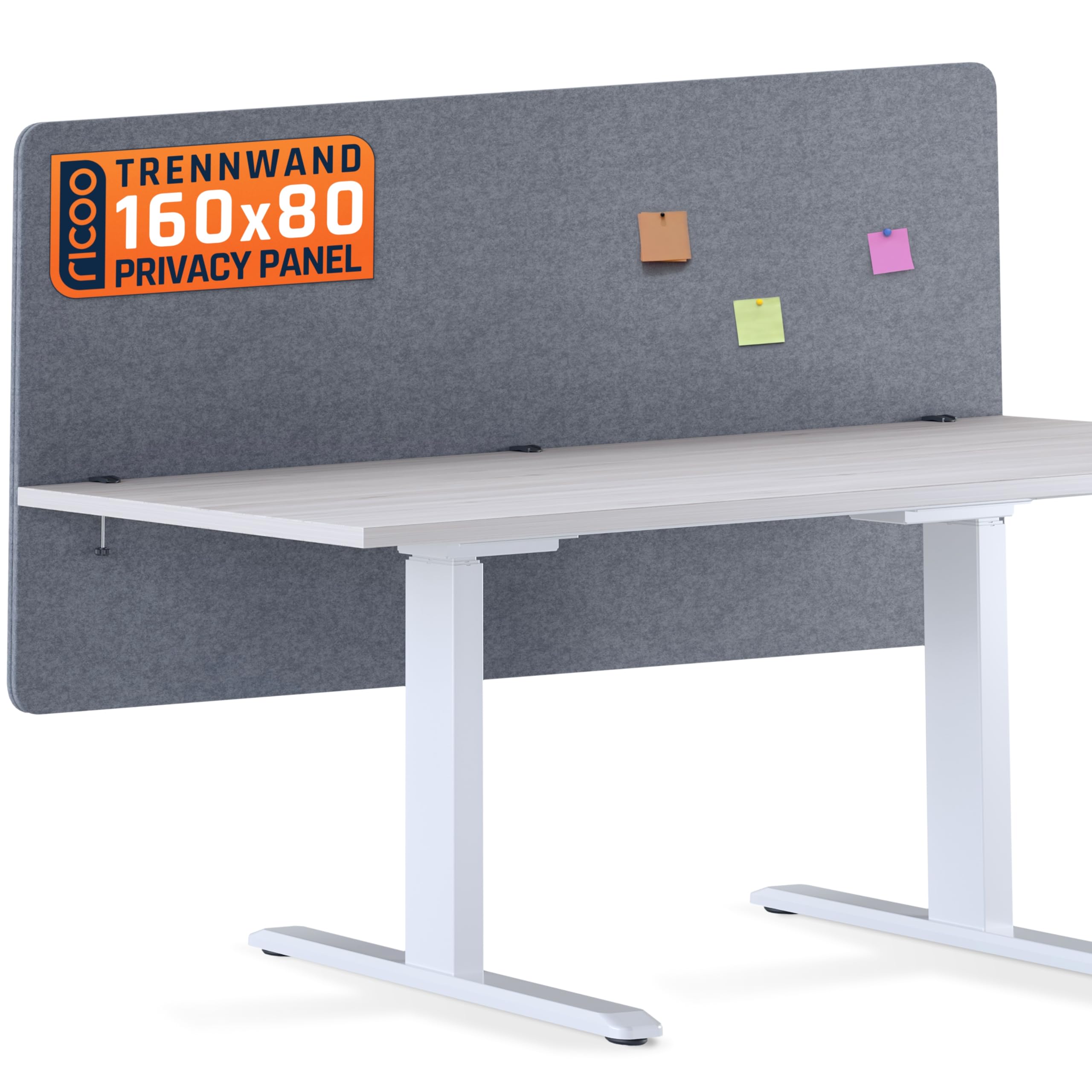 RICOO ZAP1680-G Akustik Trennwand Schreibtisch 160 x 80cm Sichtschutz Schreibtisch Trennwand Filz Pinnwand Grau Geräuschdämmung Akustik Diffusor Schallschutz Büro Tischtrennwand mit Tischklemme