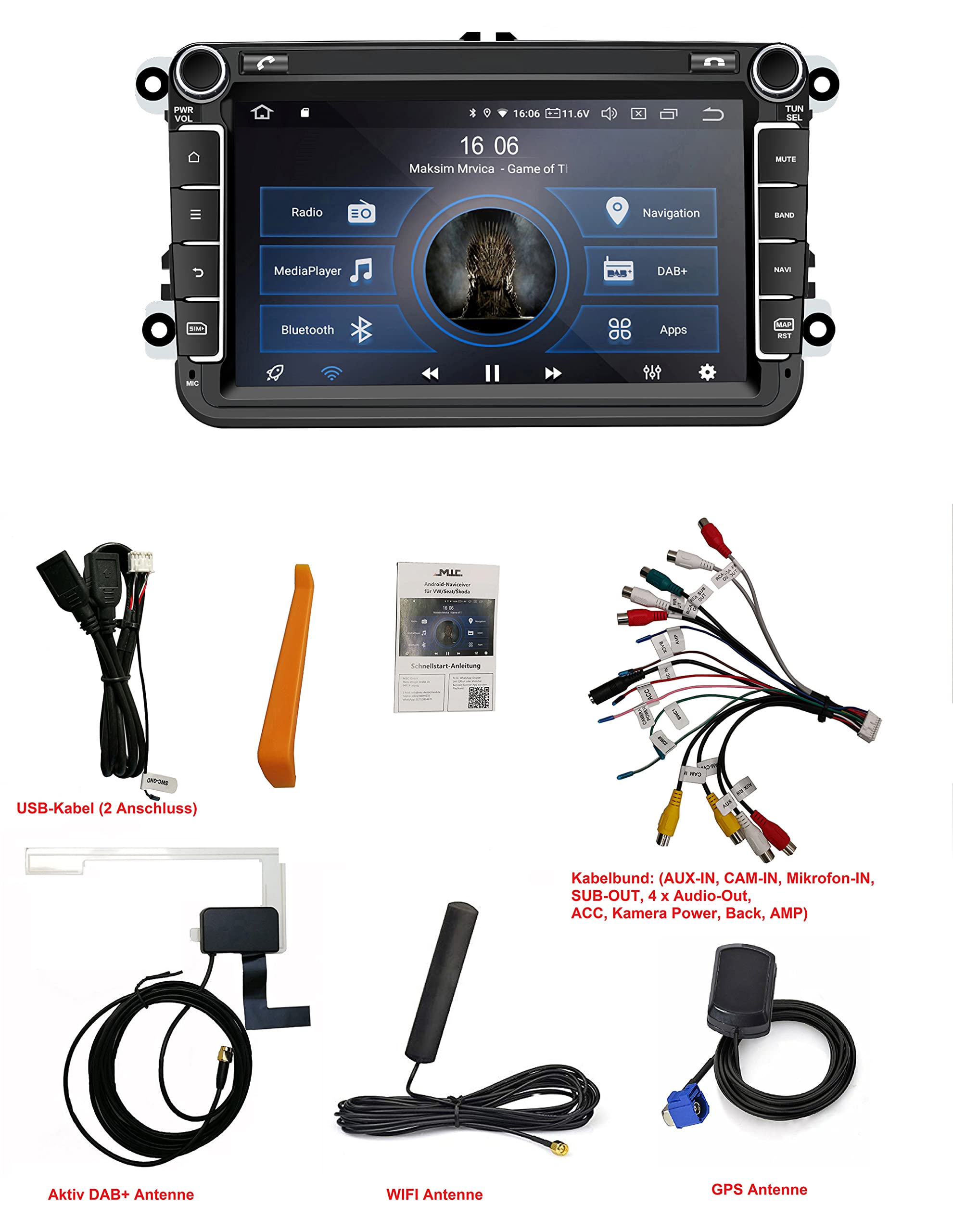 M.I.C. AV8V7 Android 13 Autoradio mit Navigation: Snapdragon 665, 4G+64GB, 8 Zoll IPS Display, SIM, Wireless Apple CarPlay & Android Auto, DAB+, CANBUS, GPS – für VW/ŠKODA/SEAT (RNS/RCD Ersatz)