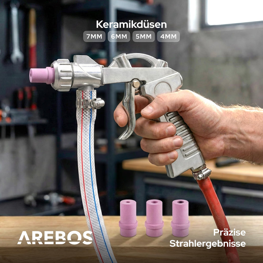 Arebos Sandstrahlkabine 90 Liter | Sandstrahlgerät mit Strahlpistole mit 4 Keramikdüsen | zur Aufbereitung | Arbeitshandschuhe | Sichtfenster inkl. 4 Ersatzfolien