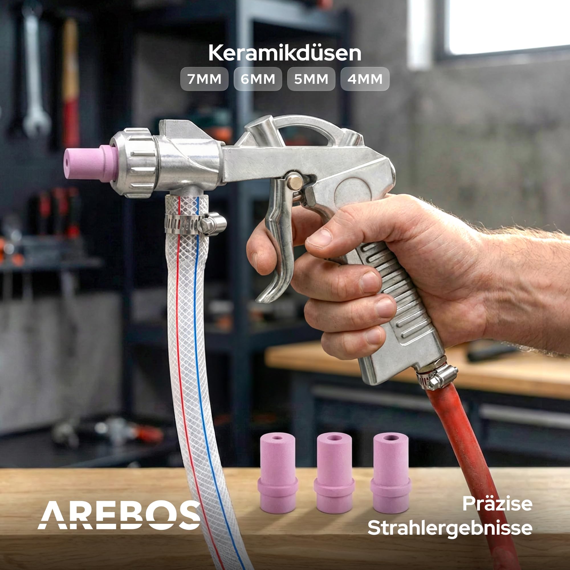 Arebos Sandstrahlkabine 90 Liter | Sandstrahlgerät mit Strahlpistole mit 4 Keramikdüsen | zur Aufbereitung | Arbeitshandschuhe | Sichtfenster inkl. 4 Ersatzfolien