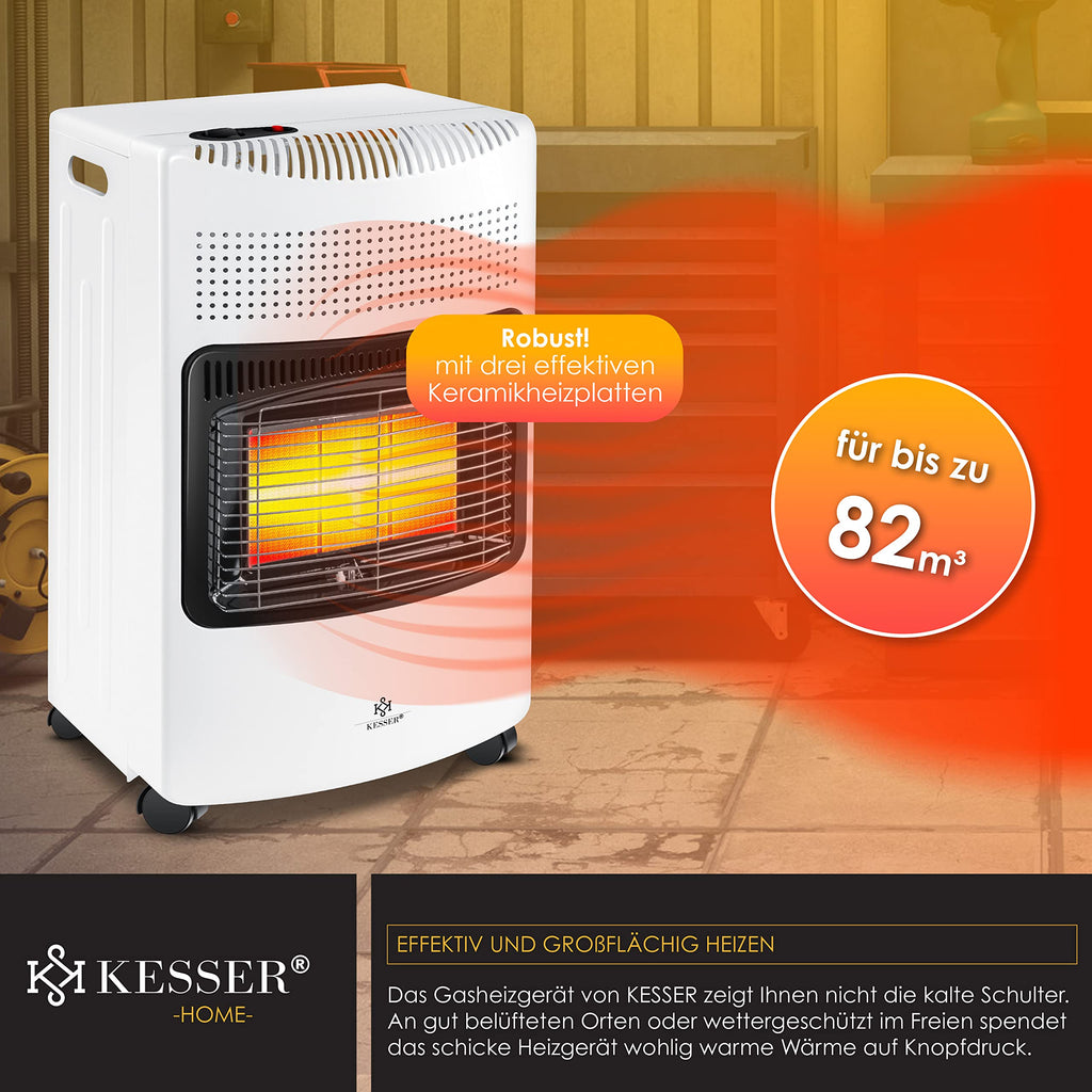 KESSER® 4200 Watt Keramik Piezo Gasheizer inkl. Gasdruckregler Gasschlauch + Schutzhülle, Gasheizofen Heizstrahler Gasheizgerät Infrarot Keramikbrenner, Butan- oder Propangasflaschen bis 15kg, Weiss