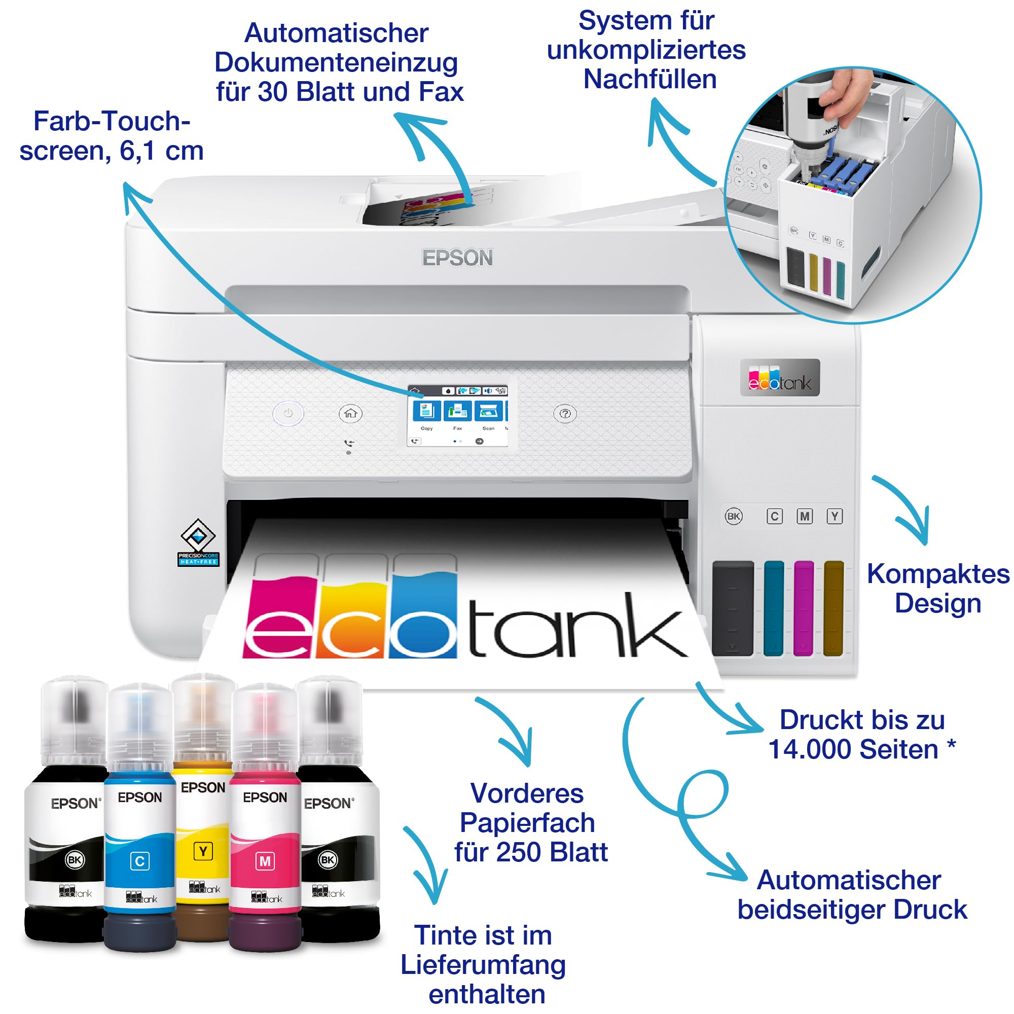 Epson EcoTank ET-4856 A4-Multifunktions-Wi-Fi-Tintentankdrucker, mit einem im Lieferumfang enthaltenen Vorrat an Tinten bis zu 3 Jahren
