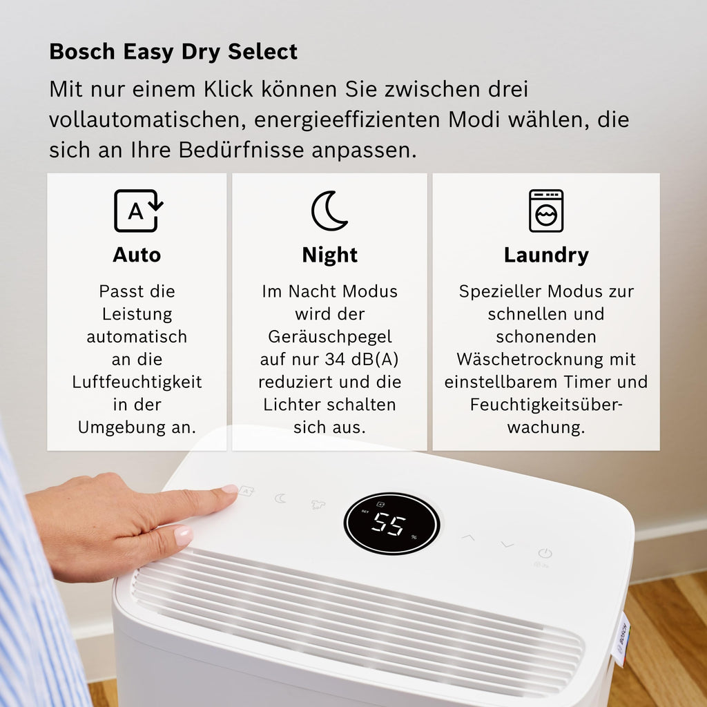 Bosch Dry 1000 Luftentfeuchter - Einfach. Effizient. Leise. - Für Räume bis zu 17 m² - Ideal für Deine Wohnung die schnelle Trocknung Deiner Wäsche