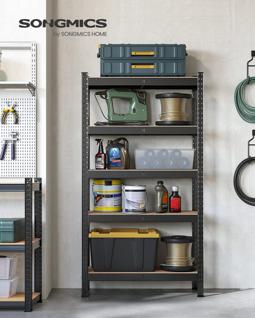 SONGMICS Schwerlastregal, Kellerregal, Lagerregal, 30 x 75 x 150 cm, Regal mit Stahlgestell, bis 650 kg belastbar, 5 verstellbare Ablagen, schwarz GLR030B21