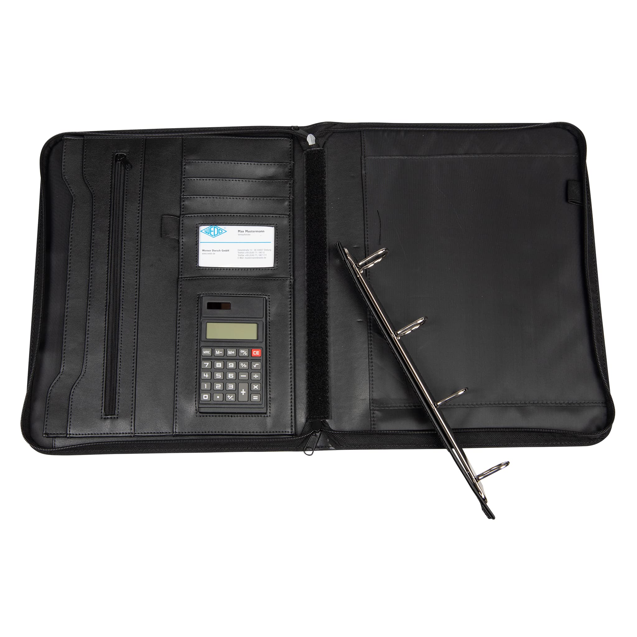 WEDO 581101 Collegemappe A4, genarbtes Kunstleder, Reißverschluss, mehrere Fächer, herausnehmbare 4-Ring-Mechanik, Stiftschlaufen, inkl. Solar Taschenrechner, schwarz