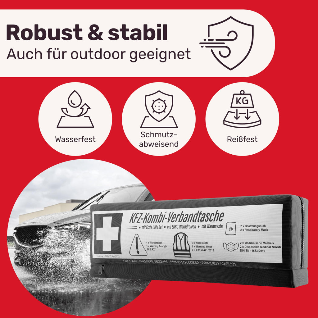 KFZ Kombitasche (3 in 1) nach aktueller Norm 2026 - Inkl. Warndreieck, Warnweste - Verbandskasten Warndreieck Set Verbandskasten Auto DIN 13164:2022 (StVO konform)