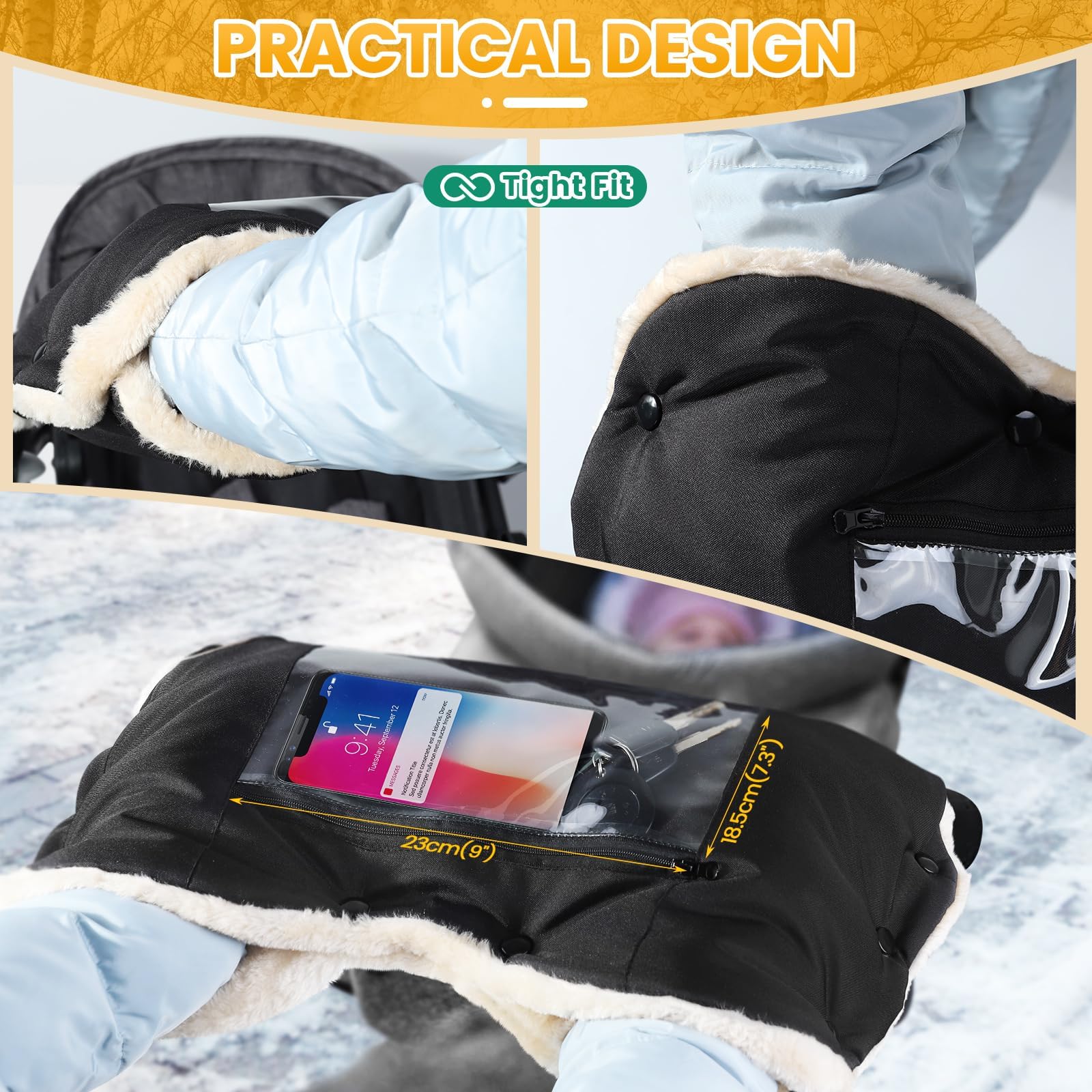 Orzbow Kinderwagen Handwärmer, Warm Handwärmer Kinderwagen mit Lammfellimitat, Stabil Handmuff für Kinderwagen mit Handyfach, Wetterfester Stoff, Komfortabel, Handschuhe Kinderwagen im Winter, Schwarz