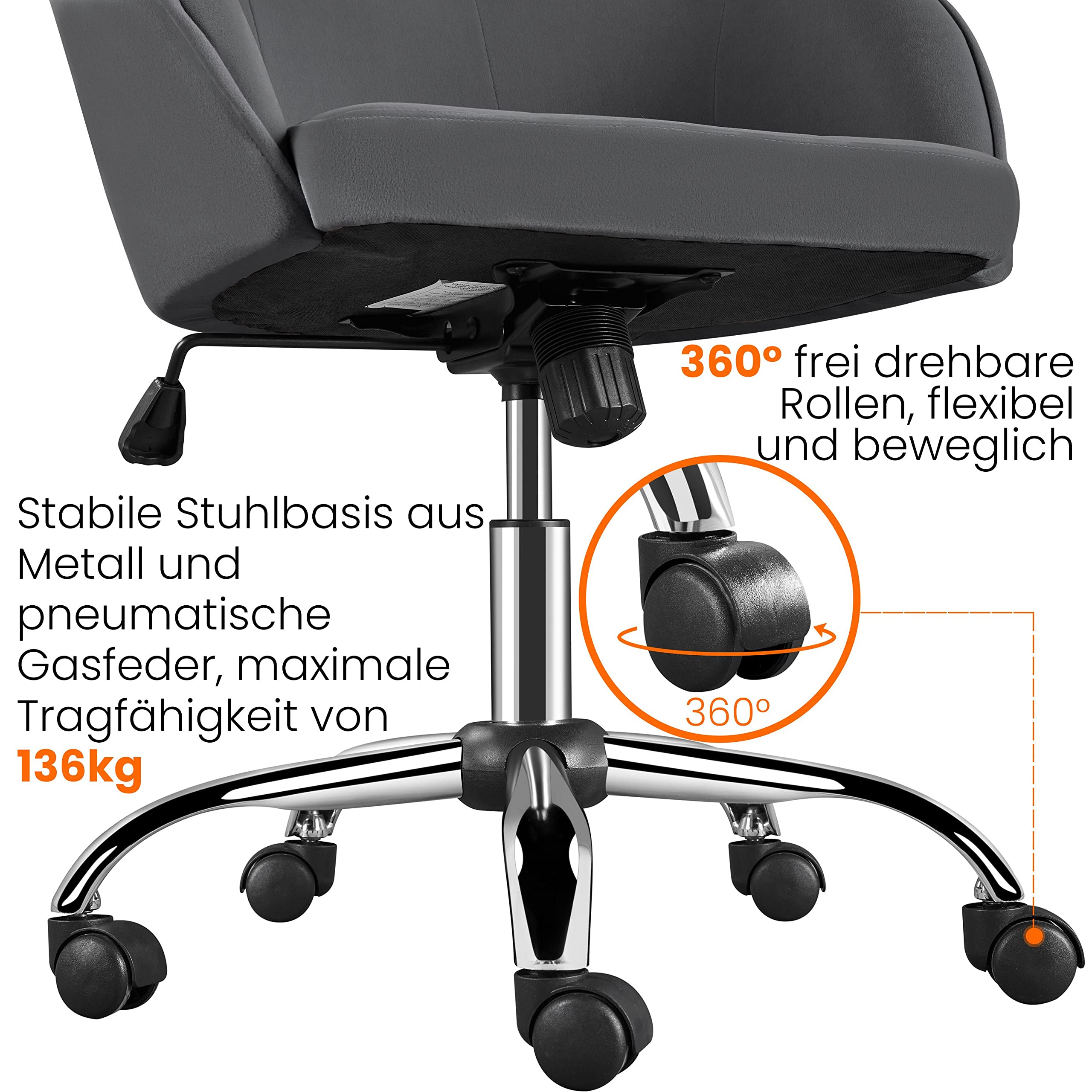 Yaheetech Homeoffice Stuhl, Schminkstuhl, höhenverstellbar Drehstuhl, SamtStuhl Schreibtischstuhl für Arbeitszimmer, Schlafzimmer, Atmungsaktiv Rollstuhl bis 136 KG belastbar Dunkelgrau