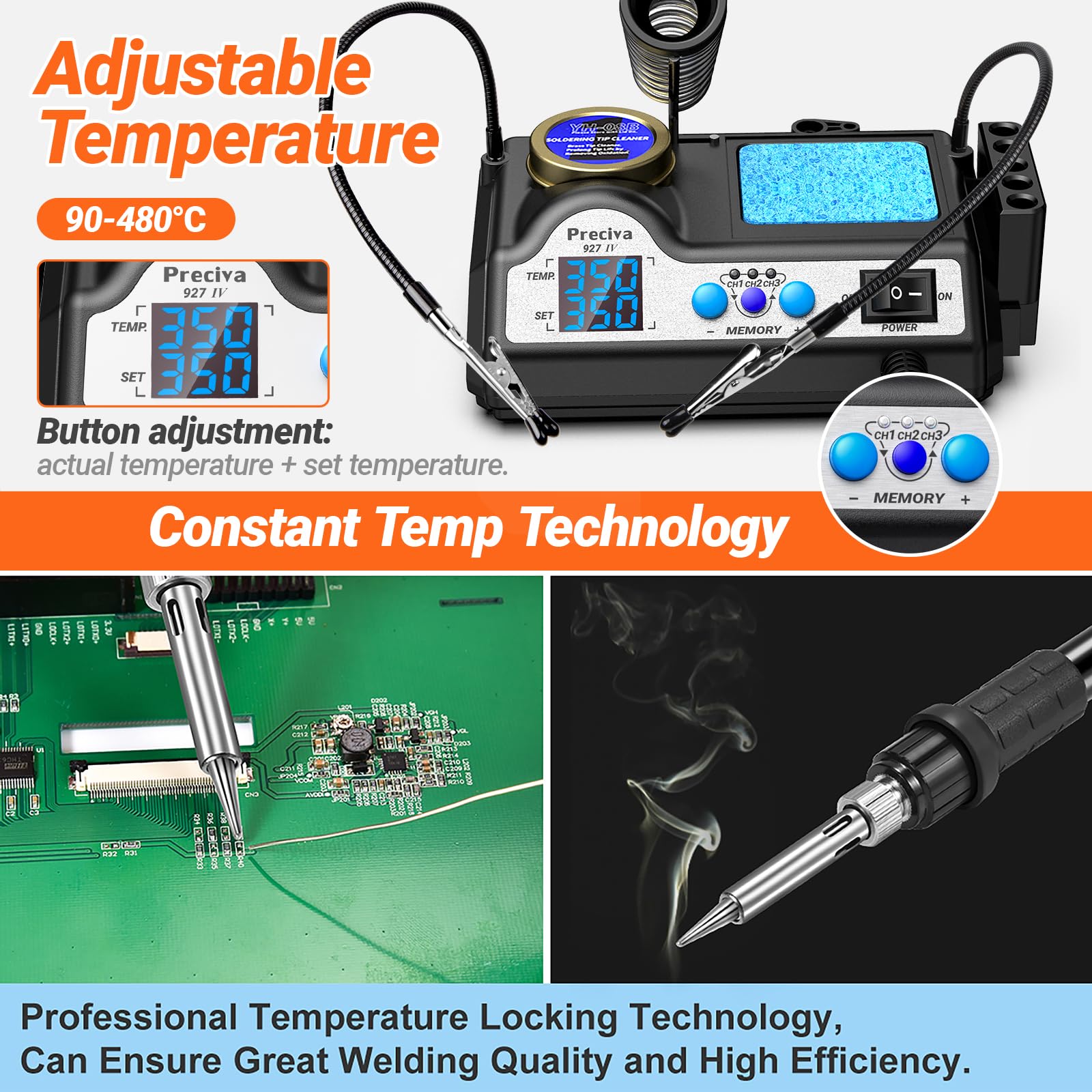 Lötstation, Preciva 927 IV 60W Lötkolben mit 2 helfenden Hände und Lupe Displayanzeige, Temperatur einstellbar 90~480°C, Standby-Modus Lötset für Hobbylöten