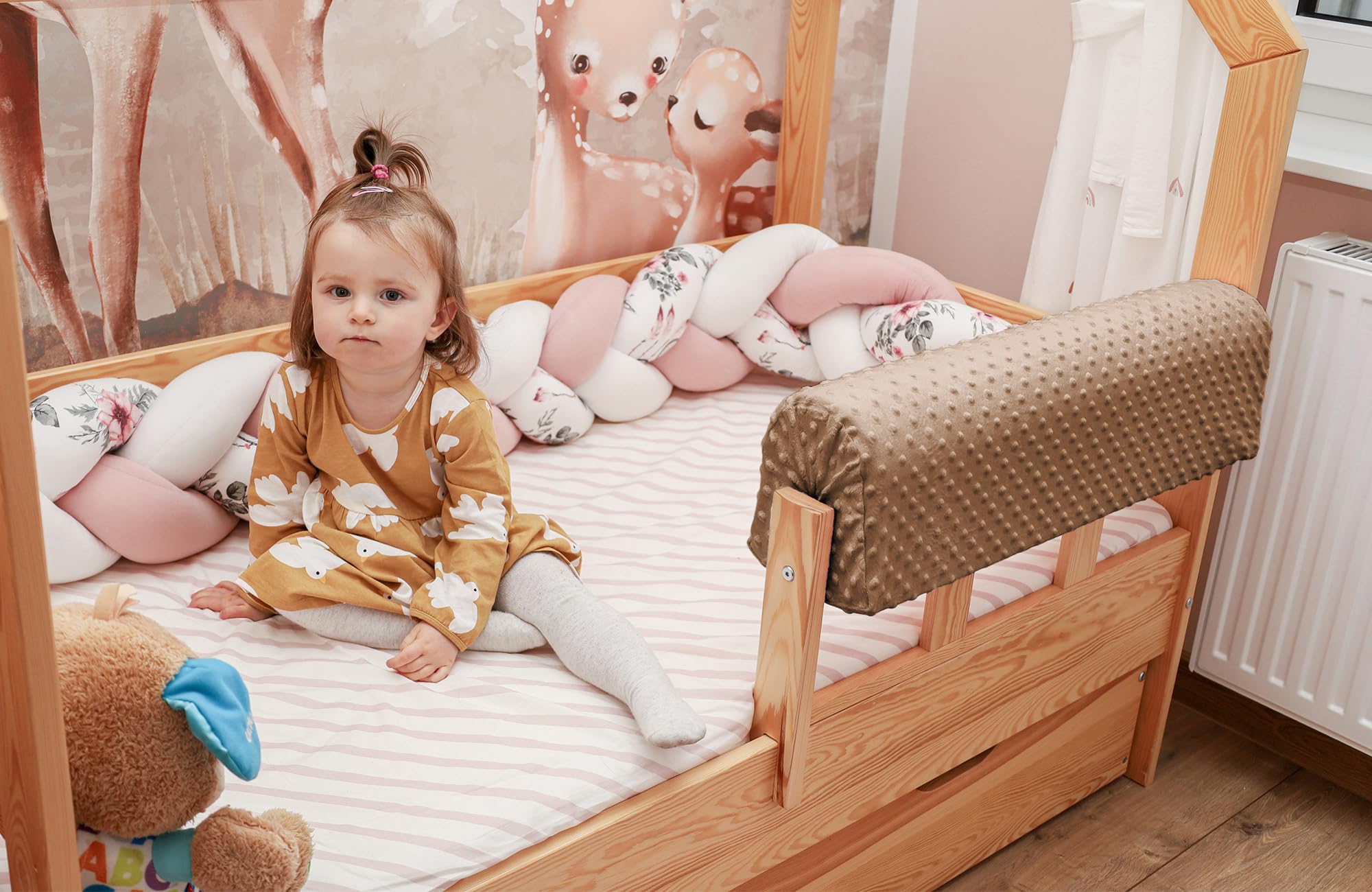 Bettkantenschutz für Kinderbetten 70 cm - Schutz für Bettrahmen Baby Bett rausfallschutz für boxspringbett bettgitter mit Bezug Kantenschutz Kinder Babybett Hellbeige