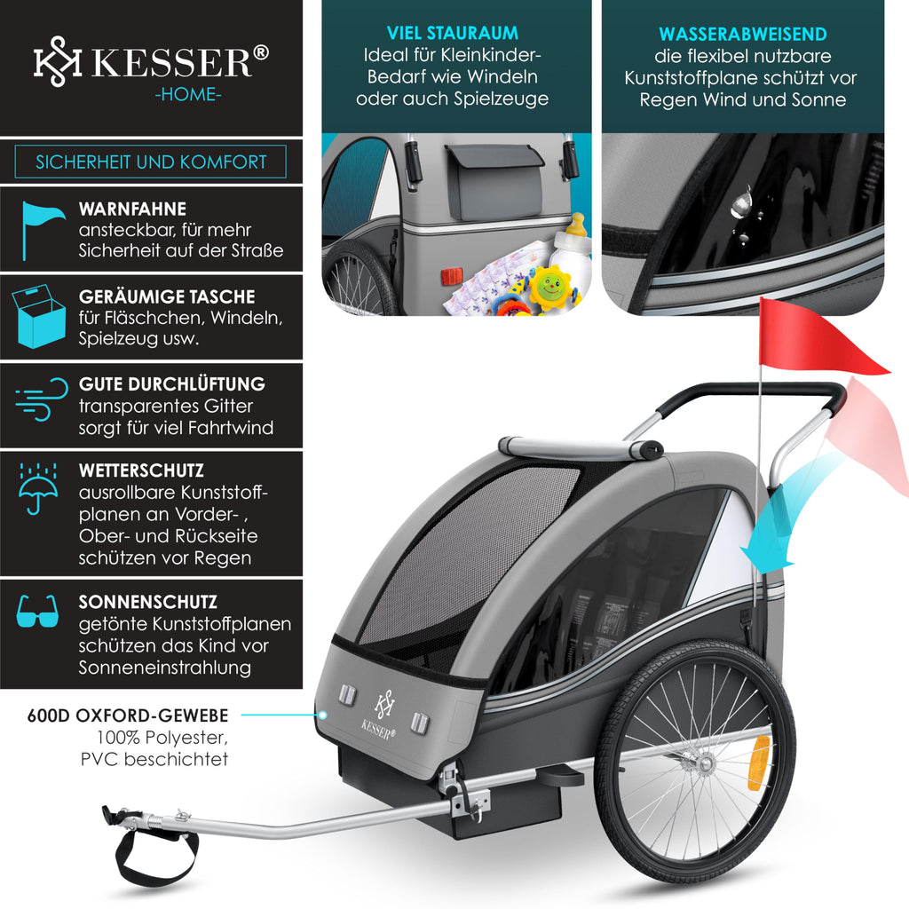 KESSER® Kinderfahrradanhänger Sport-RX 2in1 Jogger & Buggy 5-Punkt-Gurt Sicherheitsgurt 360° Vorderrad Kinderfahrradanhänger Reflektoren für 1-2 Kinder (max. 40 kg) Getränkehalter & Smartphonefach