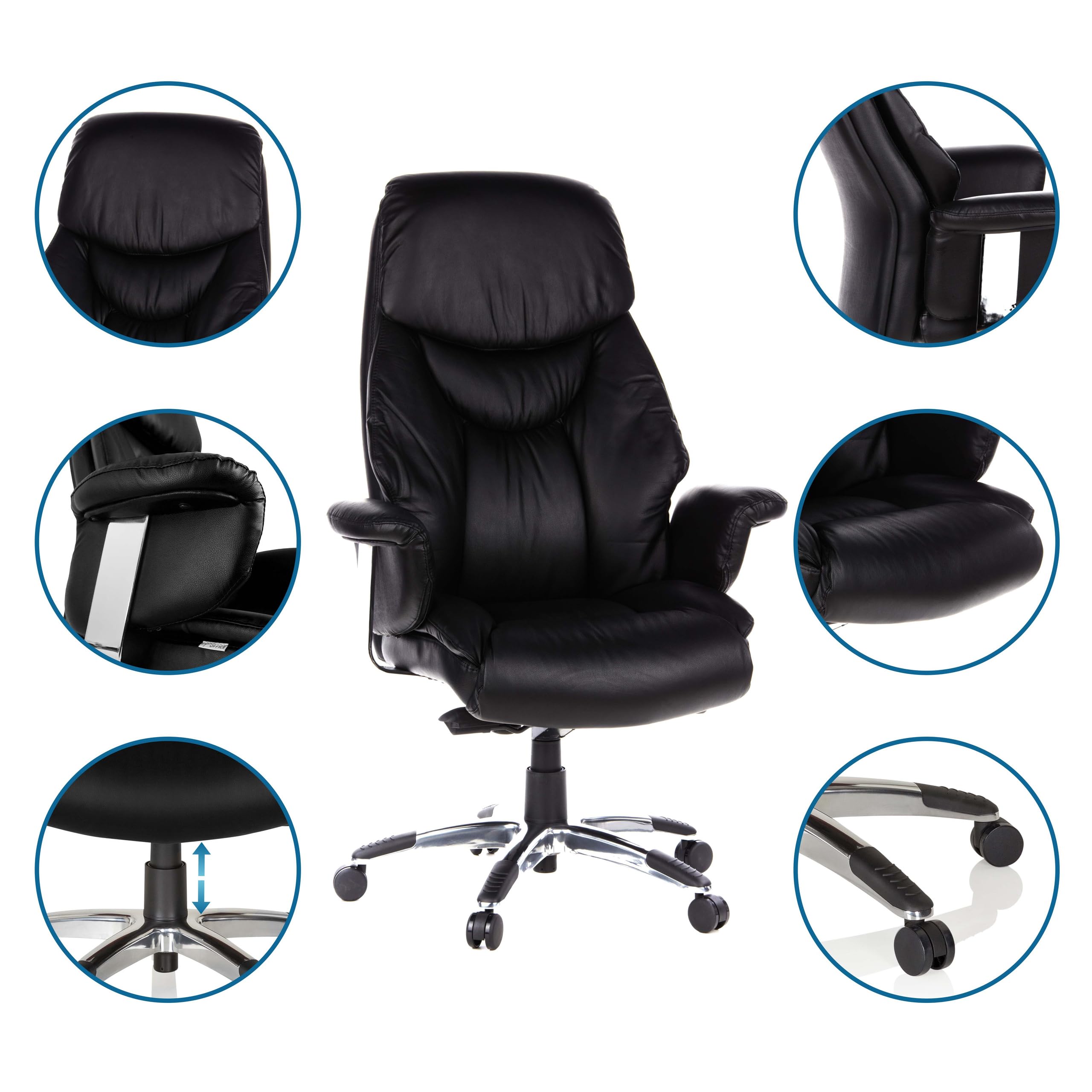 hjh OFFICE 608200 XXL Chefsessel Prado Leder Schwarz Bequemer Bürosessel mit Dicker Polsterung, hohe Rückenlehne