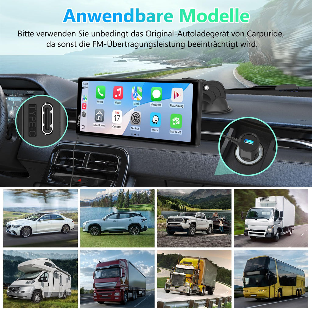 Carpuride V92 Tragbares Autoradio Kabellos Carplay & Android Auto, 10,26 Zoll 1080P HD Touchscreen Radio mit BT 5.0, Mirror Link Halterung Truck RV Armaturenbrett