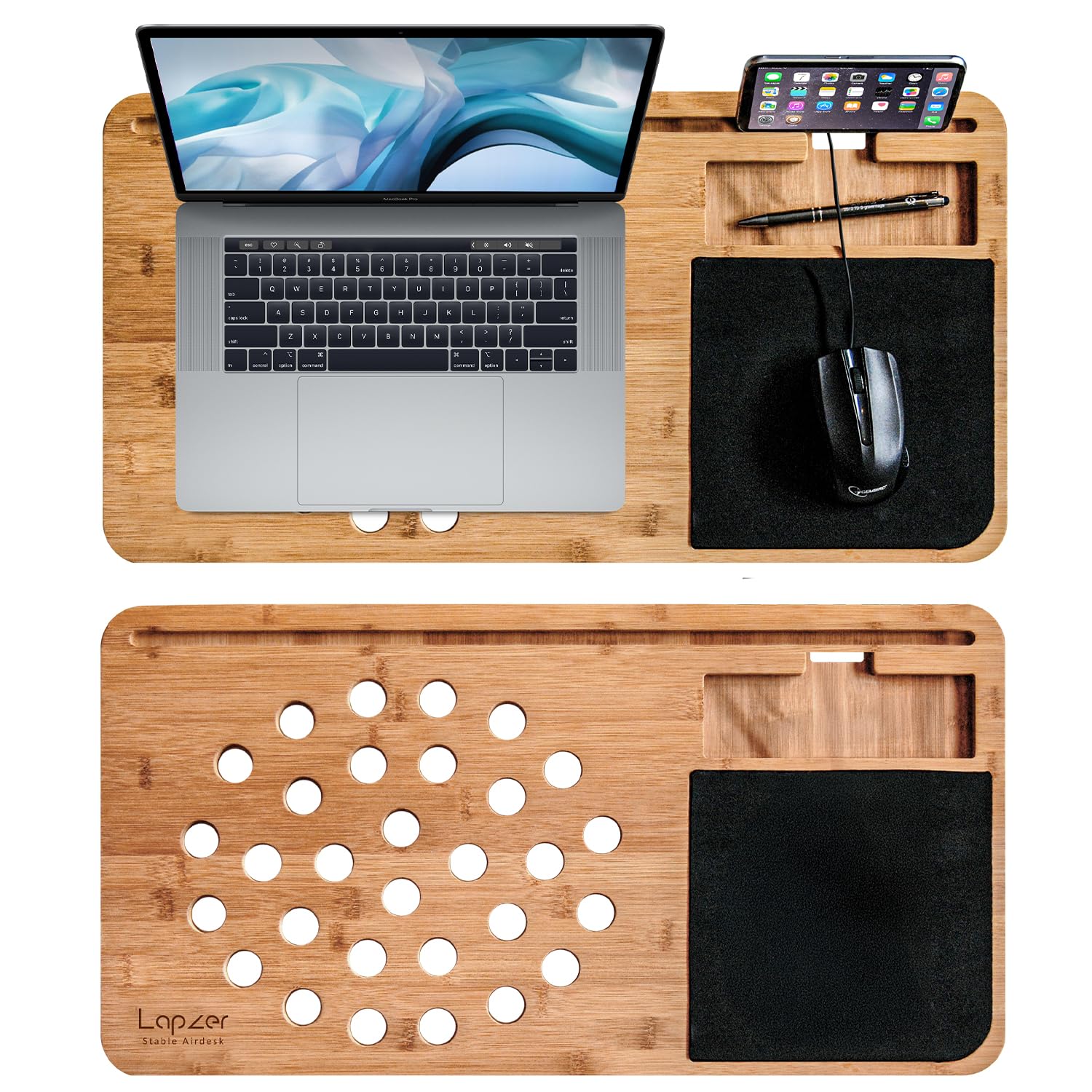mikamax - Lapzer Laptop Schreibtisch - Bambus - Luftlöcher - Betttisch - Laptoptisch - Knietablett - Schoßtablett - 59 x 31 x 2 cm