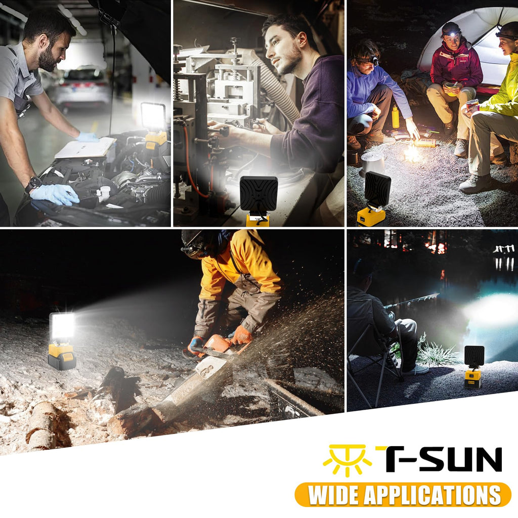 T-SUN Akku Lampe Für Dewalt 18V, 48W 5200LM LED Arbeitsleuchte Akku, Tragbare Baustrahler mit 2 Modi Helligkeit, Multifunktionales Flutlicht Strahler für Autoreparatur, Heimbeleuchtung, Camping