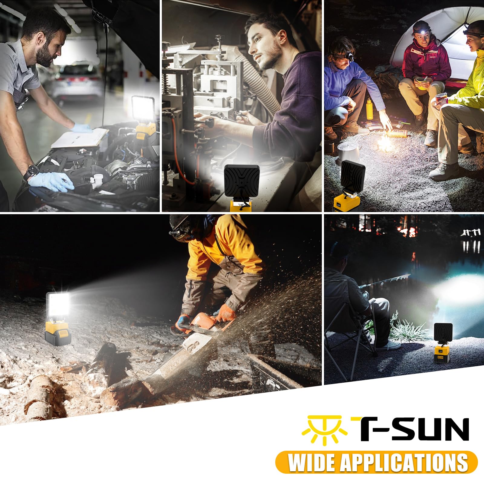 T-SUN Akku Lampe Für Dewalt 18V, 48W 5200LM LED Arbeitsleuchte Akku, Tragbare Baustrahler mit 2 Modi Helligkeit, Multifunktionales Flutlicht Strahler für Autoreparatur, Heimbeleuchtung, Camping