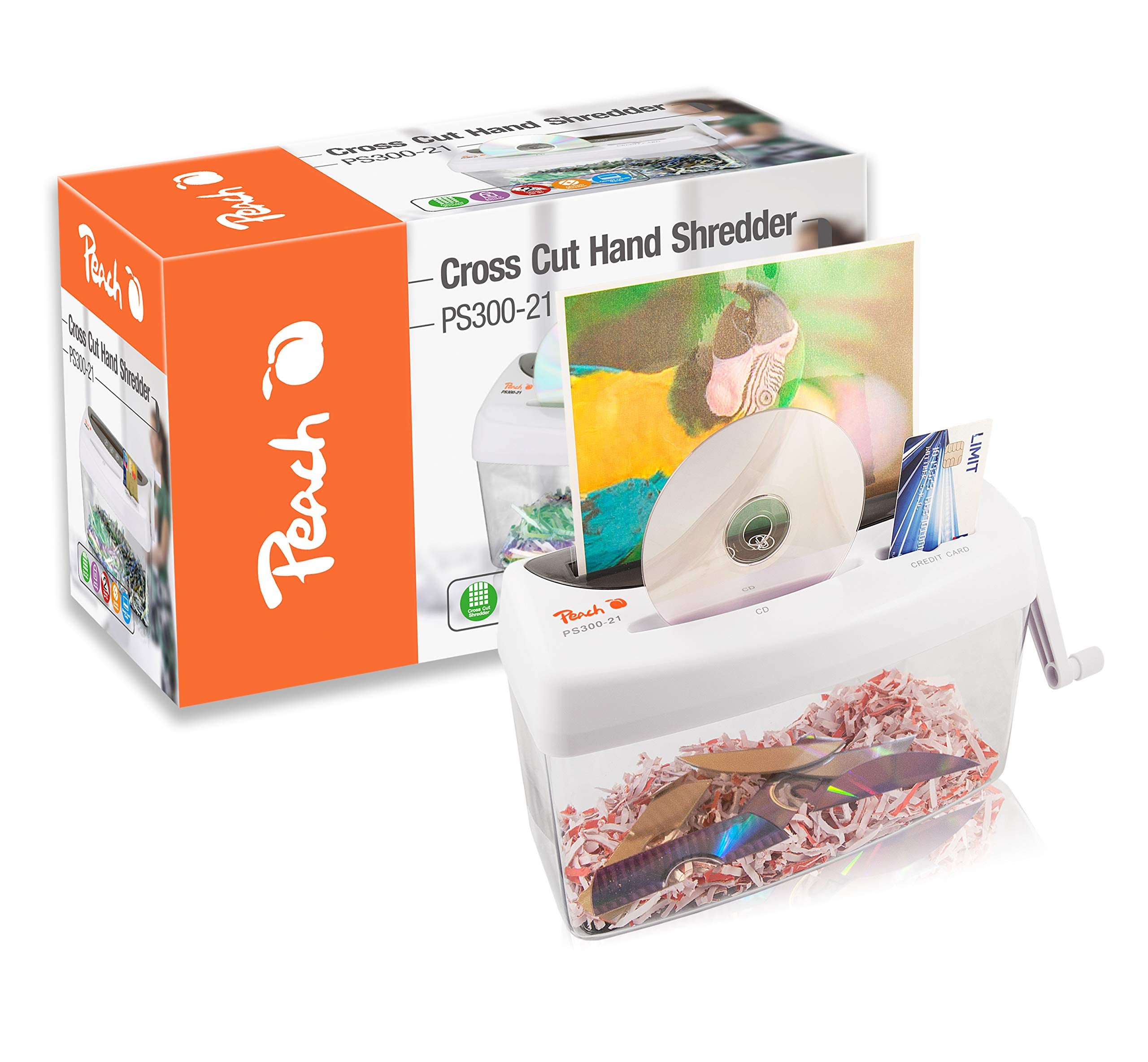 Peach Partikelschnitt Aktenvernichter - 1 Blatt - 4 Liter - P-4 - Papier CDs und Kreditkarten - manuell betriebener Kreuzschnitt - Strom unabhängig - DSGVO konform - PS300-21A