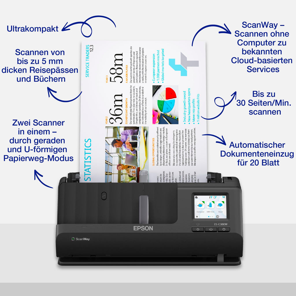 Epson Wi-Fi Scanner ES-C320W, kompakter A4 Business Scanner mit geringem Stromverbrauch, Duplex-Einzugscanner mit vielseitiger Medienverarbeitung, schwarz