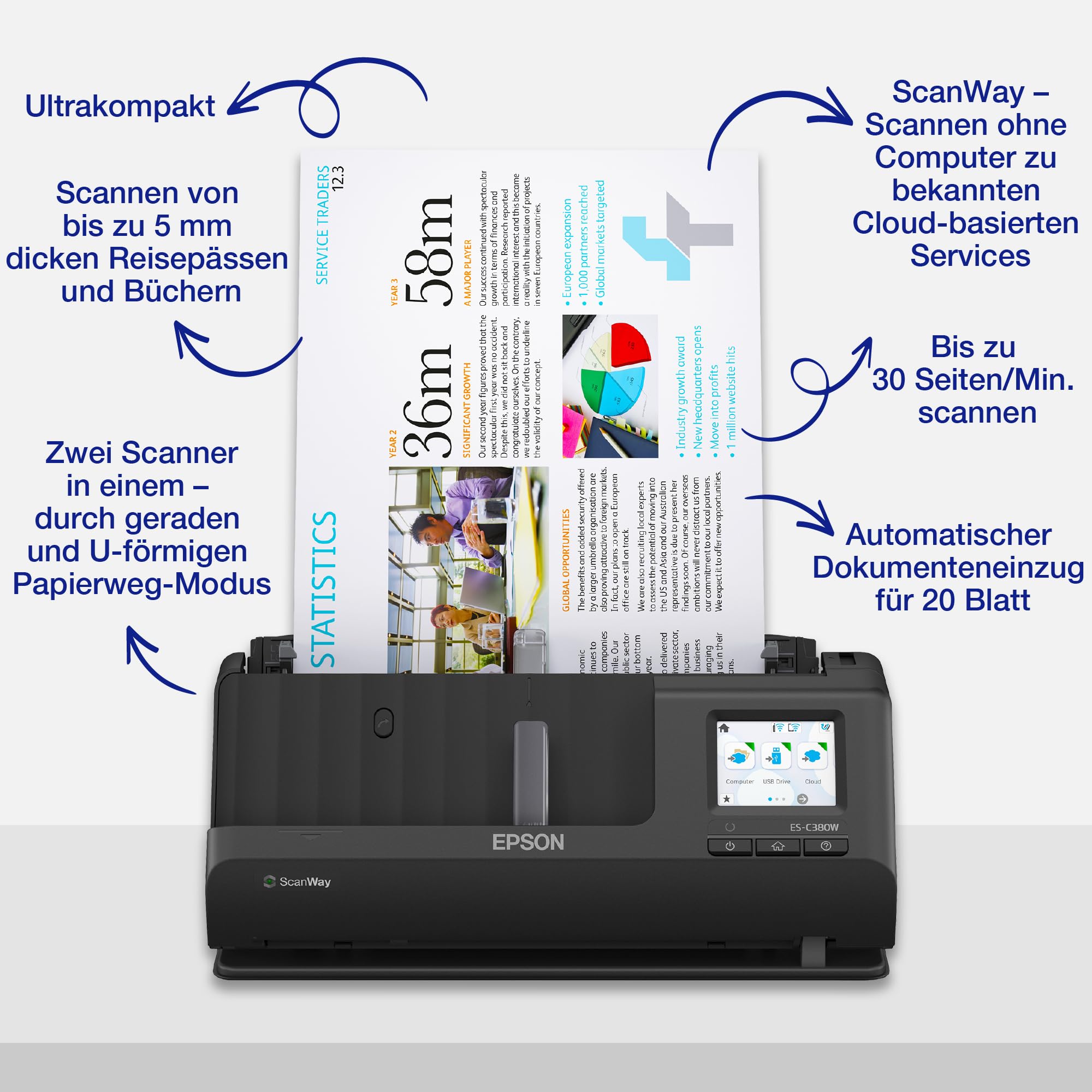 Epson Wi-Fi Scanner ES-C320W, kompakter A4 Business Scanner mit geringem Stromverbrauch, Duplex-Einzugscanner mit vielseitiger Medienverarbeitung, schwarz