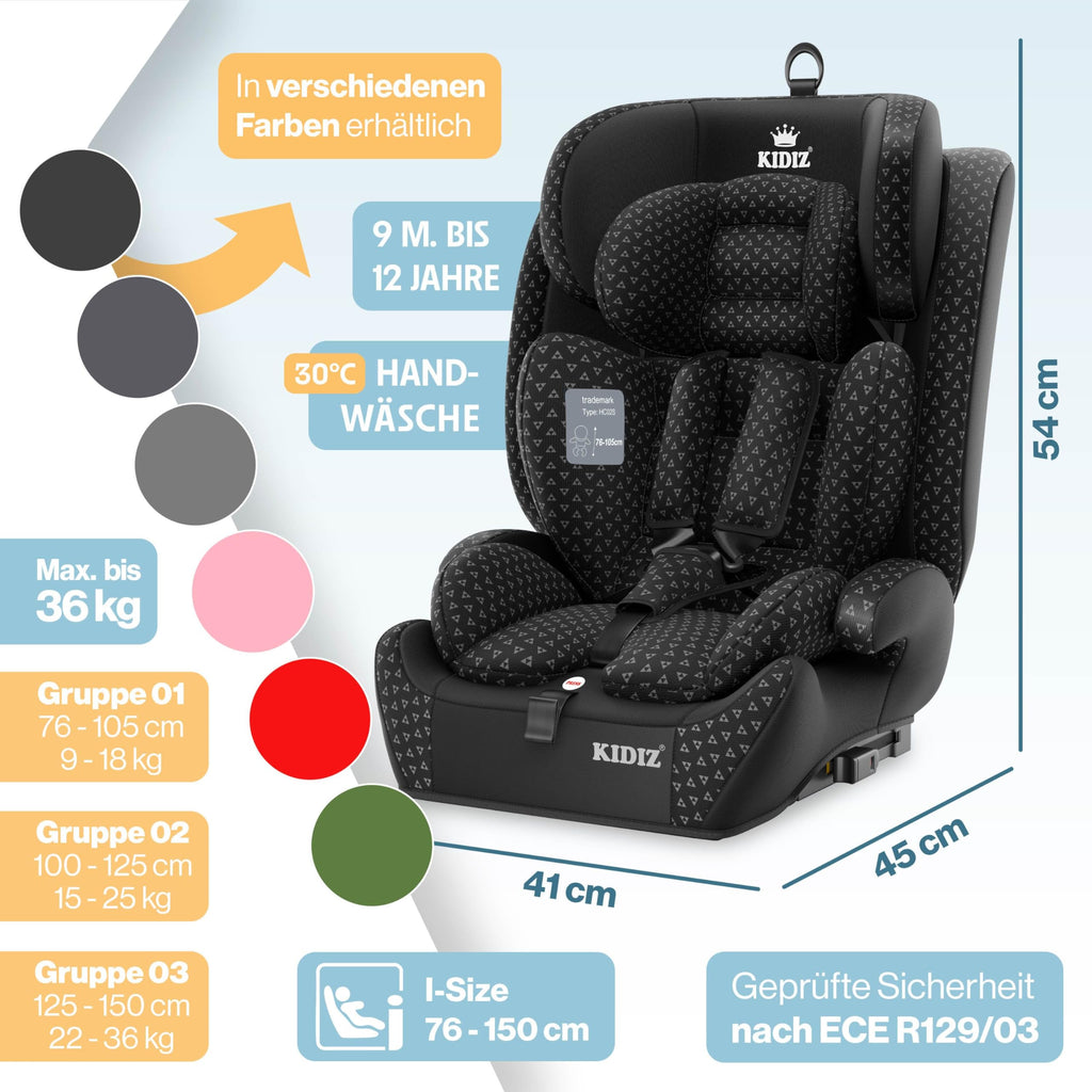 KIDIZ® Autokindersitz Triangle Premium Kindersitz mit Isofix Kinderautositz | Autositz Sitzschale | 9 kg - 36 kg 1-12 Jahre | Gruppe 1/2/3 | universal | zugelassen nach ECE R129/03