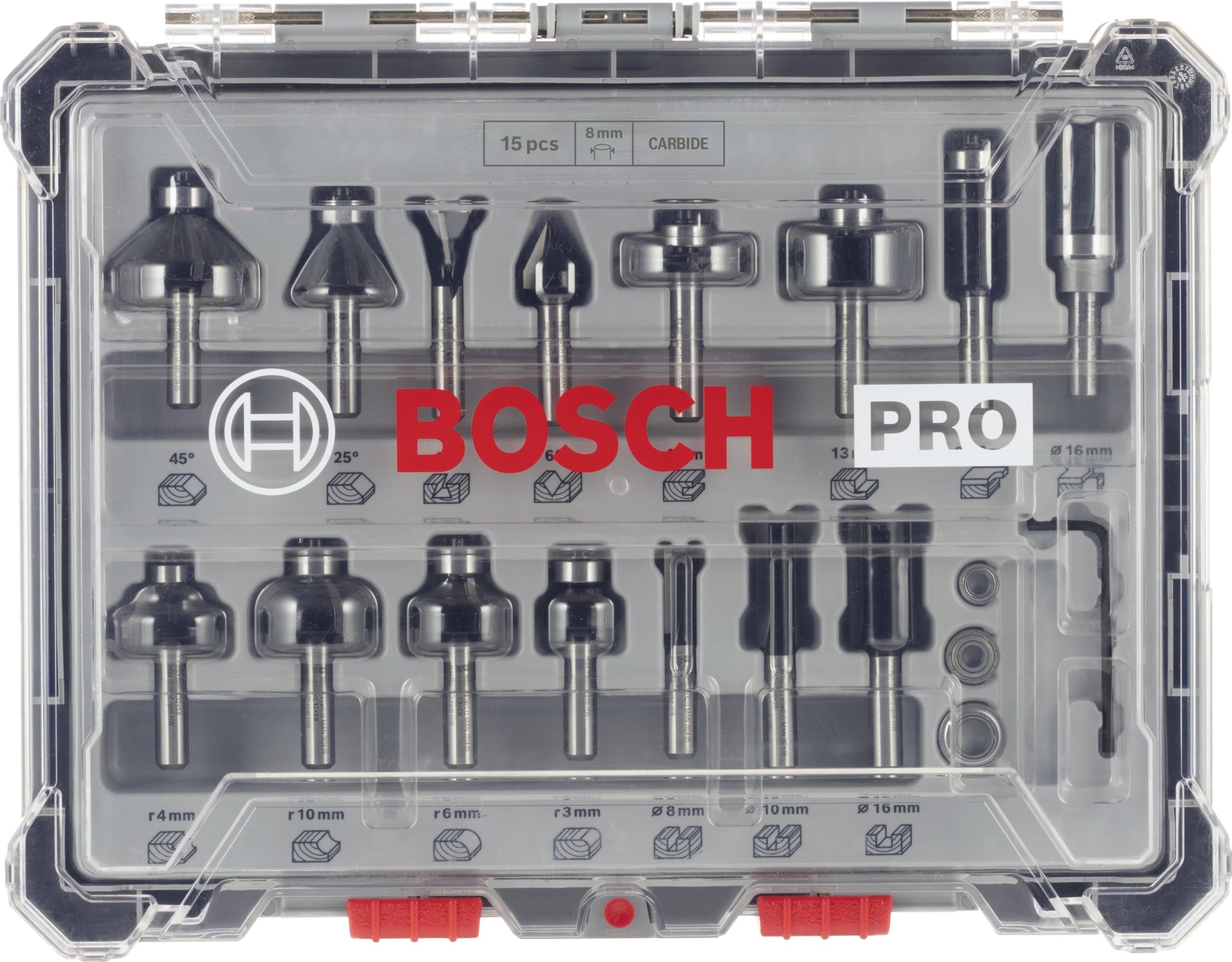 Bosch 15x PRO Fräser-Set gemischt (für Weichholz, Hartholz, Ø 13/16/13/35/25/16/32/32/27/29/19/25/8/10/16 mm, Professional Zubehör Handfräse, Kantenfräse)