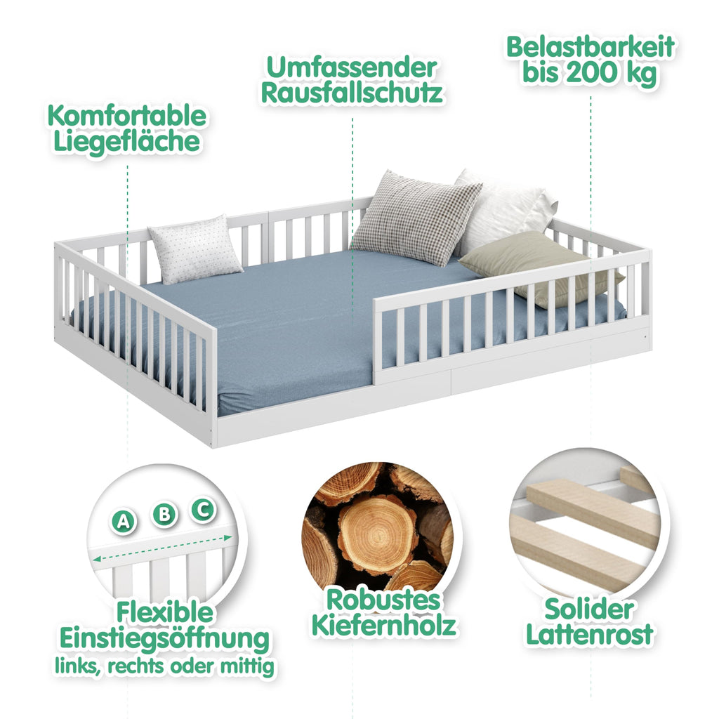 CADANI Timi Kinderbett 140x200 cm Bodenbett, Rausfallschutz abnehmbar, bis 200 kg belastbar, Roll-Lattenrost, Montessori Kiefer Massivholz Bett, 3 Aufbauvarianten, Umbaubar, Weiß