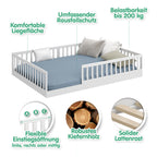 CADANI Timi Kinderbett 140x200 cm Bodenbett, Rausfallschutz abnehmbar, bis 200 kg belastbar, Roll-Lattenrost, Montessori Kiefer Massivholz Bett, 3 Aufbauvarianten, Umbaubar, Weiß