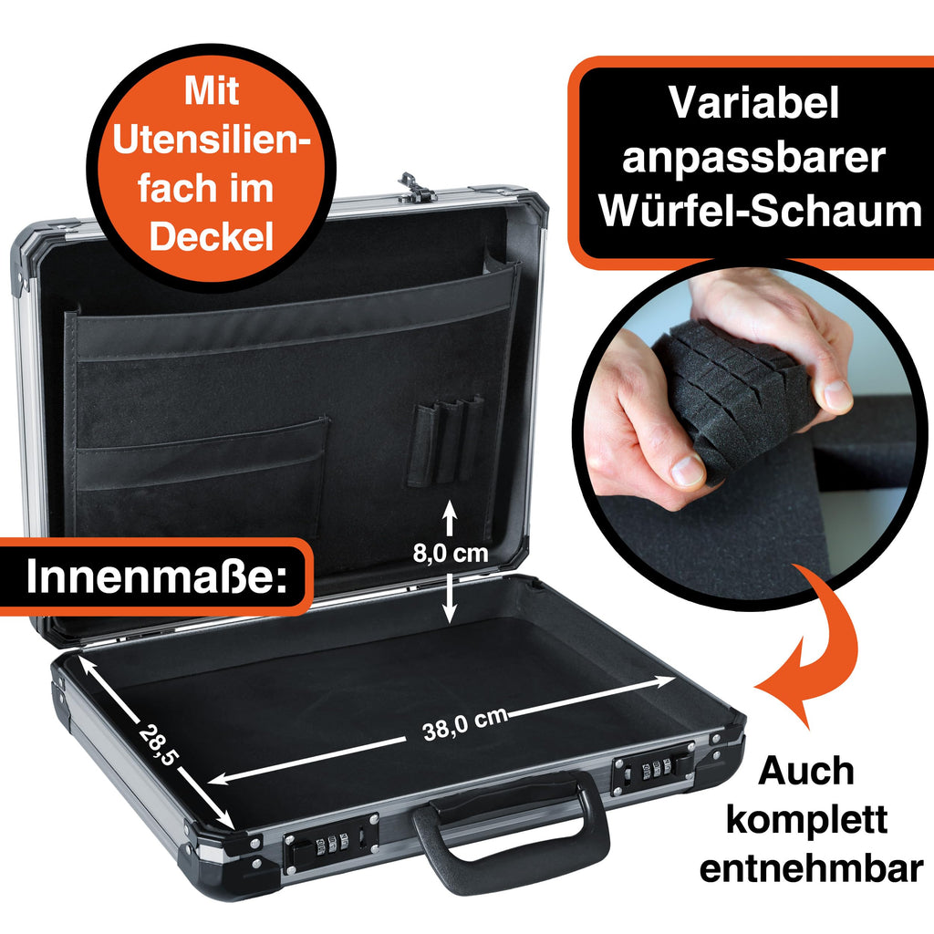 TitanCase M - Alukoffer 40x30x10 cm mit Würfelschaum, Universalkoffer, Drohnenkoffer, Pistolenkoffer, Werkzeugkoffer leer, mit Zahlenschloss, Titangrau