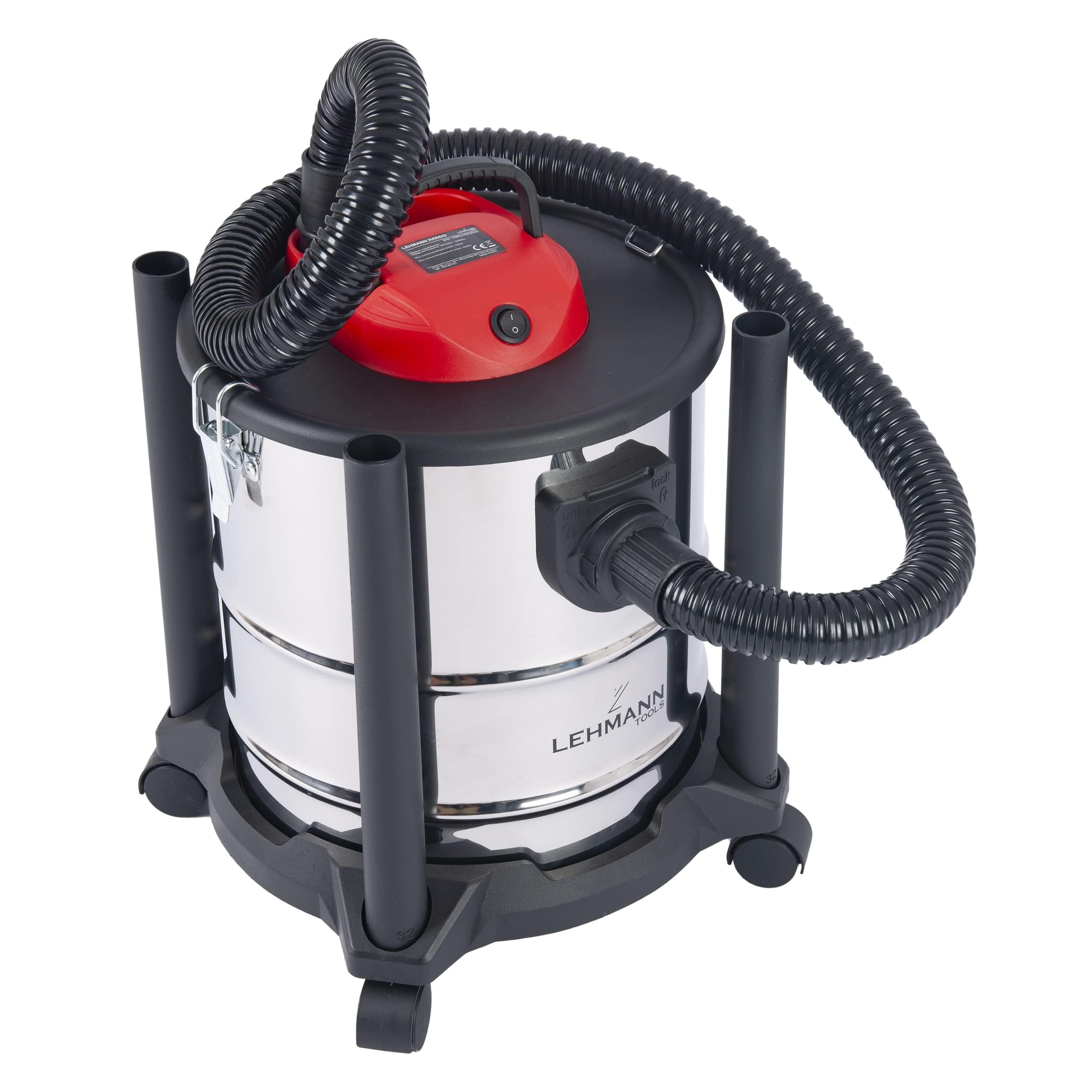 LEHMANN Haddo Industriestaubsauger 2000W | Aschesauger für Kamin mit Doppelfilteranlage | Kaminsauger Ascheschlucker | Nass Trockensauger mit 20 Liter Edelstahltank, Silber