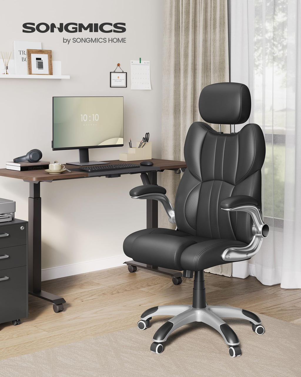 SONGMICS Bürostuhl, Gaming-Stuhl, verstellbare Kopfstütze, Wippfunktion, Schreibtischstuhl, verstellbare Armlehnen, Universalrollen, höhenverstellbar, tintenschwarz OBG65BK