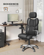 SONGMICS Bürostuhl, Gaming-Stuhl, verstellbare Kopfstütze, Wippfunktion, Schreibtischstuhl, verstellbare Armlehnen, Universalrollen, höhenverstellbar, tintenschwarz OBG65BK