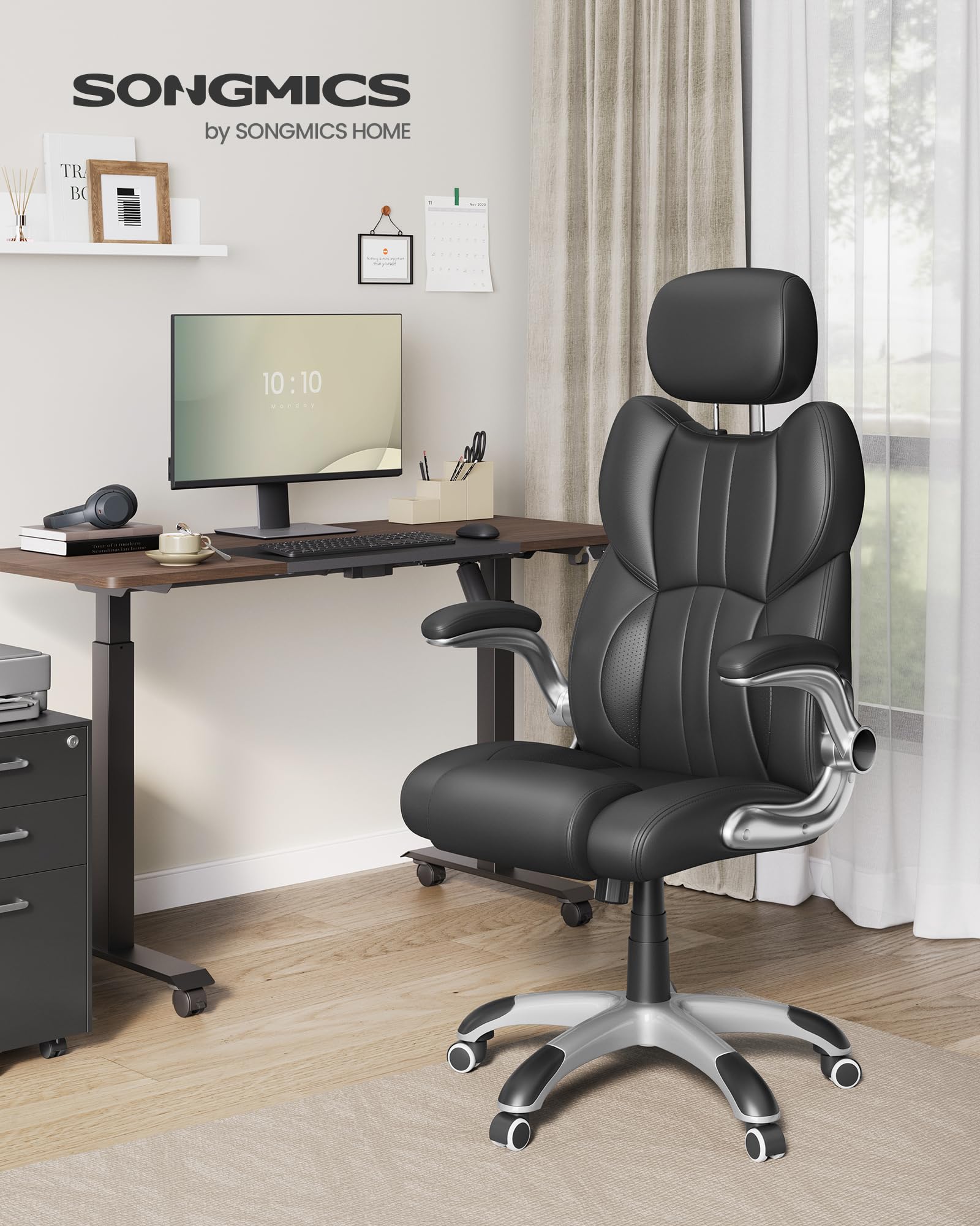 SONGMICS Bürostuhl, Gaming-Stuhl, verstellbare Kopfstütze, Wippfunktion, Schreibtischstuhl, verstellbare Armlehnen, Universalrollen, höhenverstellbar, tintenschwarz OBG65BK