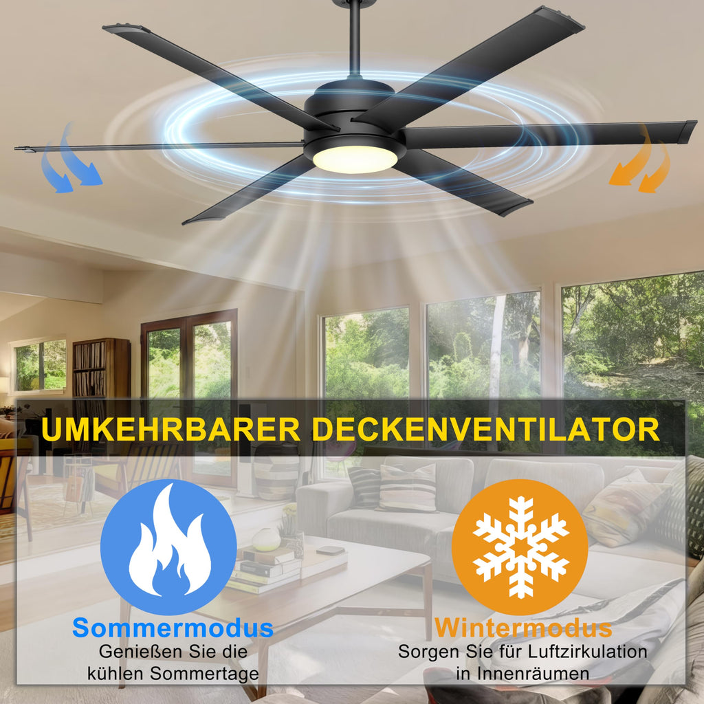 Ohniyou Deckenventilator mit Beleuchtung, Fernbedienung und App,152,4 cm (60 Zoll), dimmbar, Gleichstrommotor, großer Deckenventilator für Terrasse, Wohnzimmer
