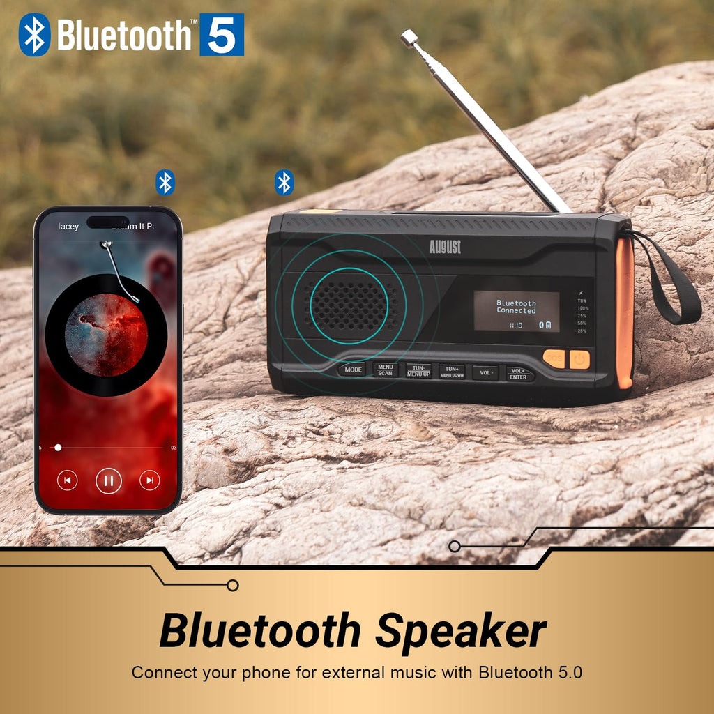 August MB290B Kurbelradio DAB/FM/Bluetooth - Solar Radio 4500mAh wiederaufladbare Powerbank, 3 Modi LED Taschenlampe Sleeptimer SOS-Alarm 3.5mm Notfallradio mit Handkurbel für Camping Wandern Zelten