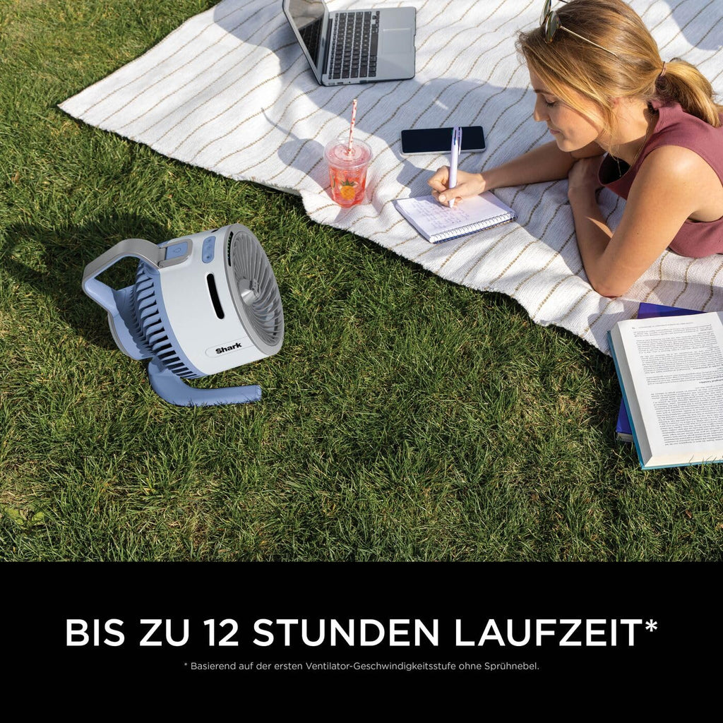 Shark FlexBreeze HydroGo Starker Ventilator mit Sprühnebel, Kühlung für drinnen & draußen, leise & langlebig, kabelgebunden & kabellos, kompakt & leicht,5 Geschwindigkeiten, Gletscher FA050EUBL