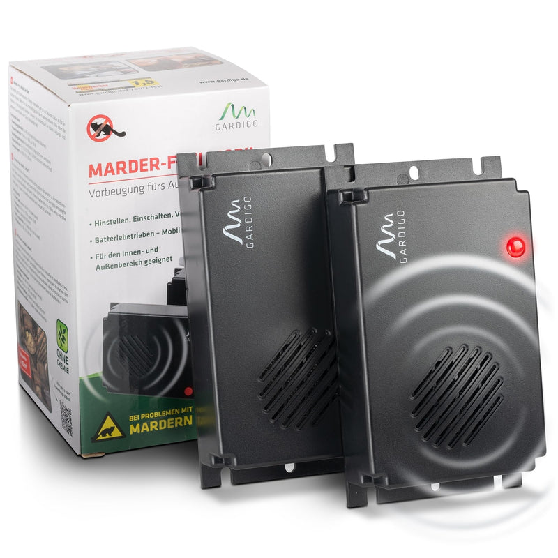 Gardigo® Marderschreck Marder-Frei Mobil - 2er Set | Marderschreck Auto | Ultraschall Marderabwehr | Marderschreck Auto Batteriebetrieben | Marderschutz für KFZ, Motorraum, Dachboden, Haus, Garten