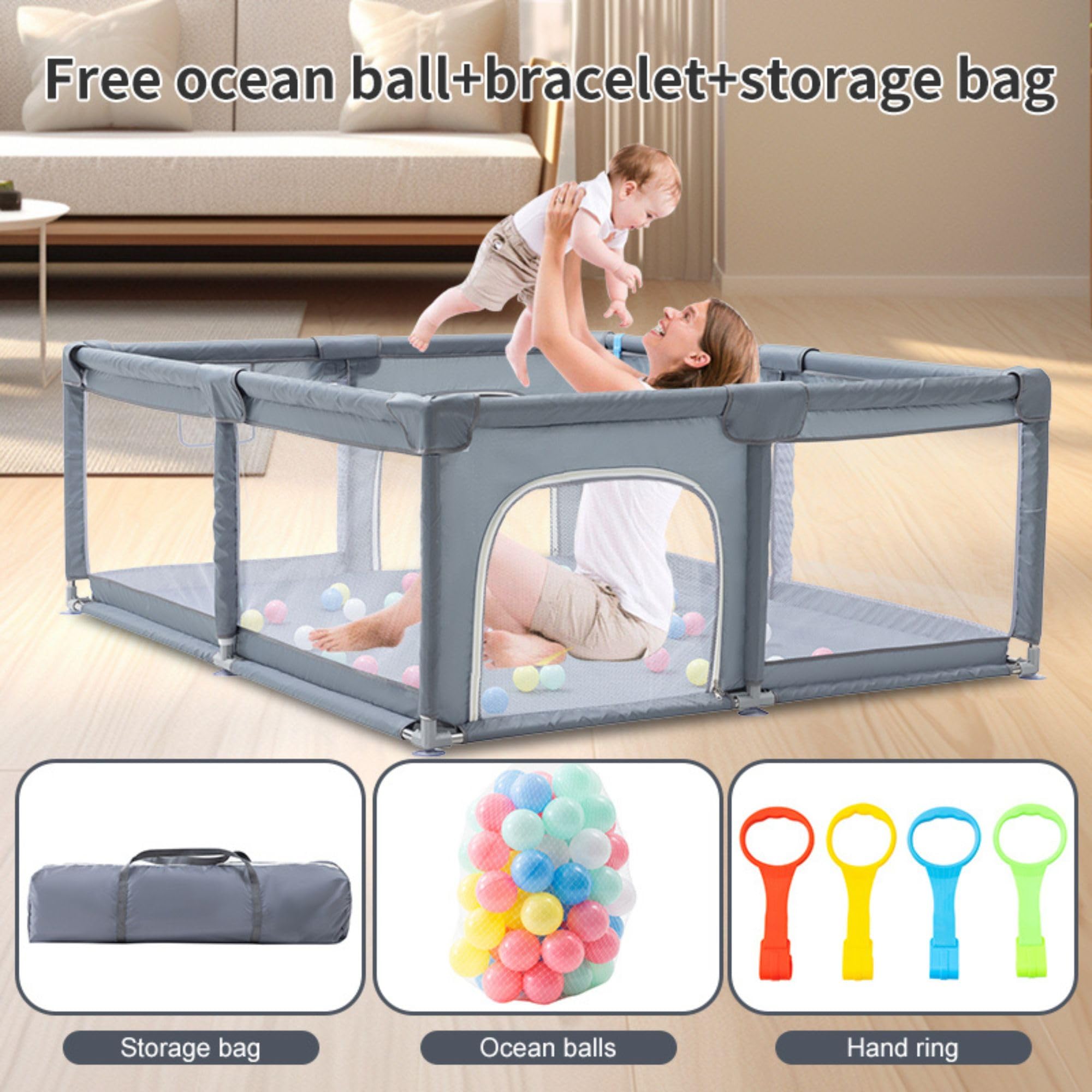 GLOKID Laufstall Baby 120 X 180cm, Laufgitter baby, große Sicherheitsspielplatz, mit Anti-Kollision Schaum Absperrgitter mit atmungsaktivem Netz, Einschließlich Ocean Balls y Pull Rings (XWL 1218)