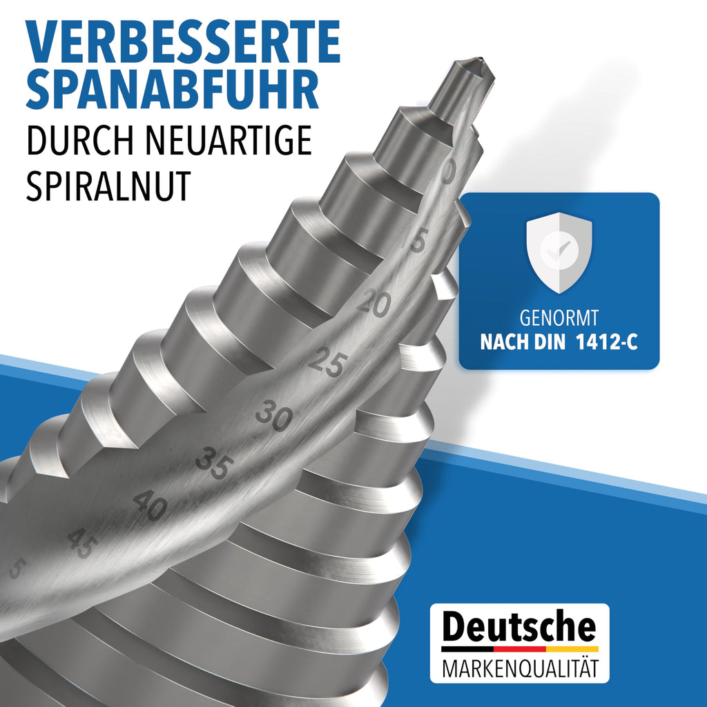 Stufenbohrer 6–60 mm aus HSS 4241 – Spiralnut mit 12 mm Schaft – Kegelbohrer Schälbohrer für Metall Kunststoff Holz – extra großer Lochbohrer für präzise Bohrungen