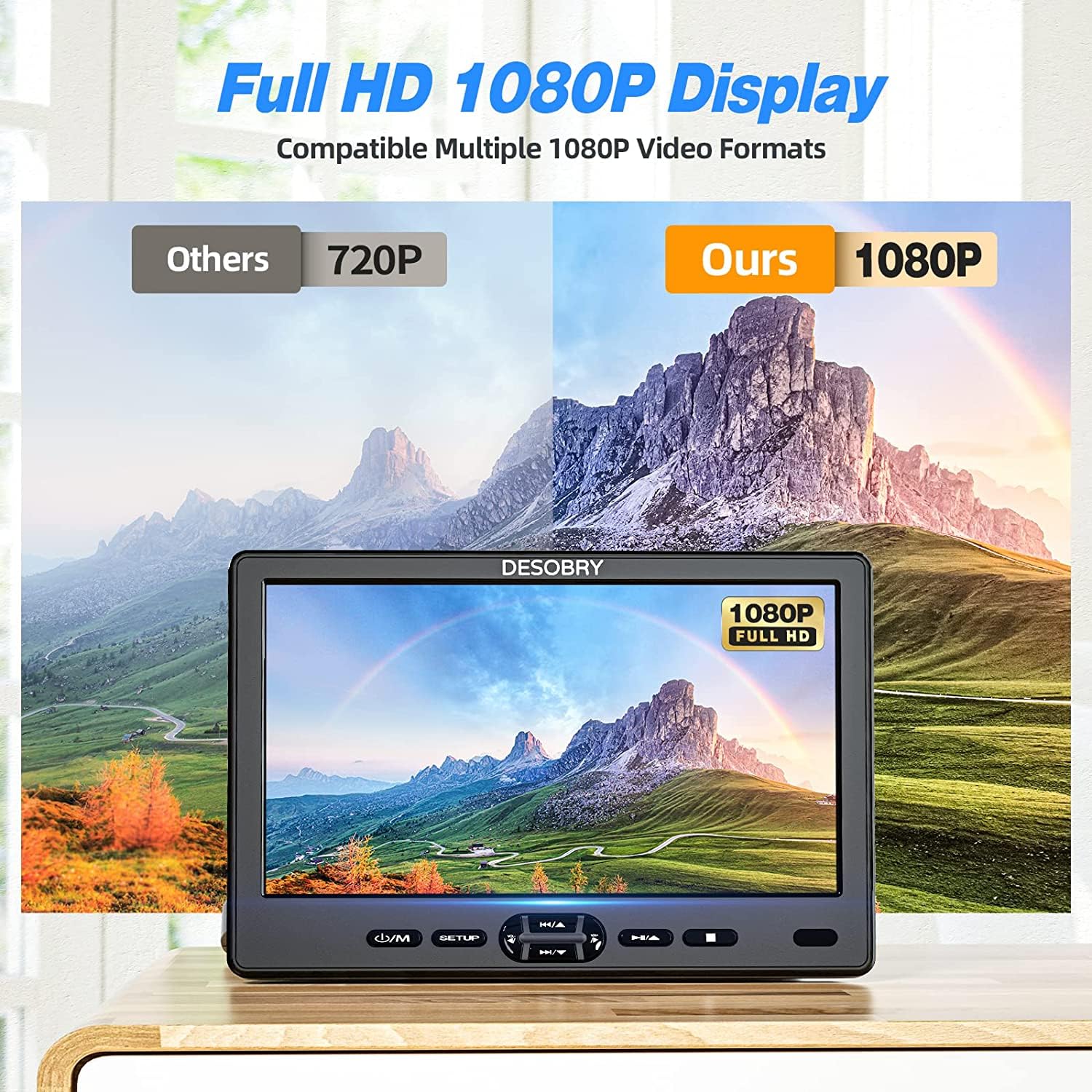 DESOBRY 10,5 Zoll Auto DVD Player mit Kopfstützenhalterung, tragbarer DVD-Player für Auto mit Kopfhörer, Disc-Eingang mit Saugnapf, Unterstützung von 1080P-Video, HDMI-Eingang, USB/SD-Kartenleser