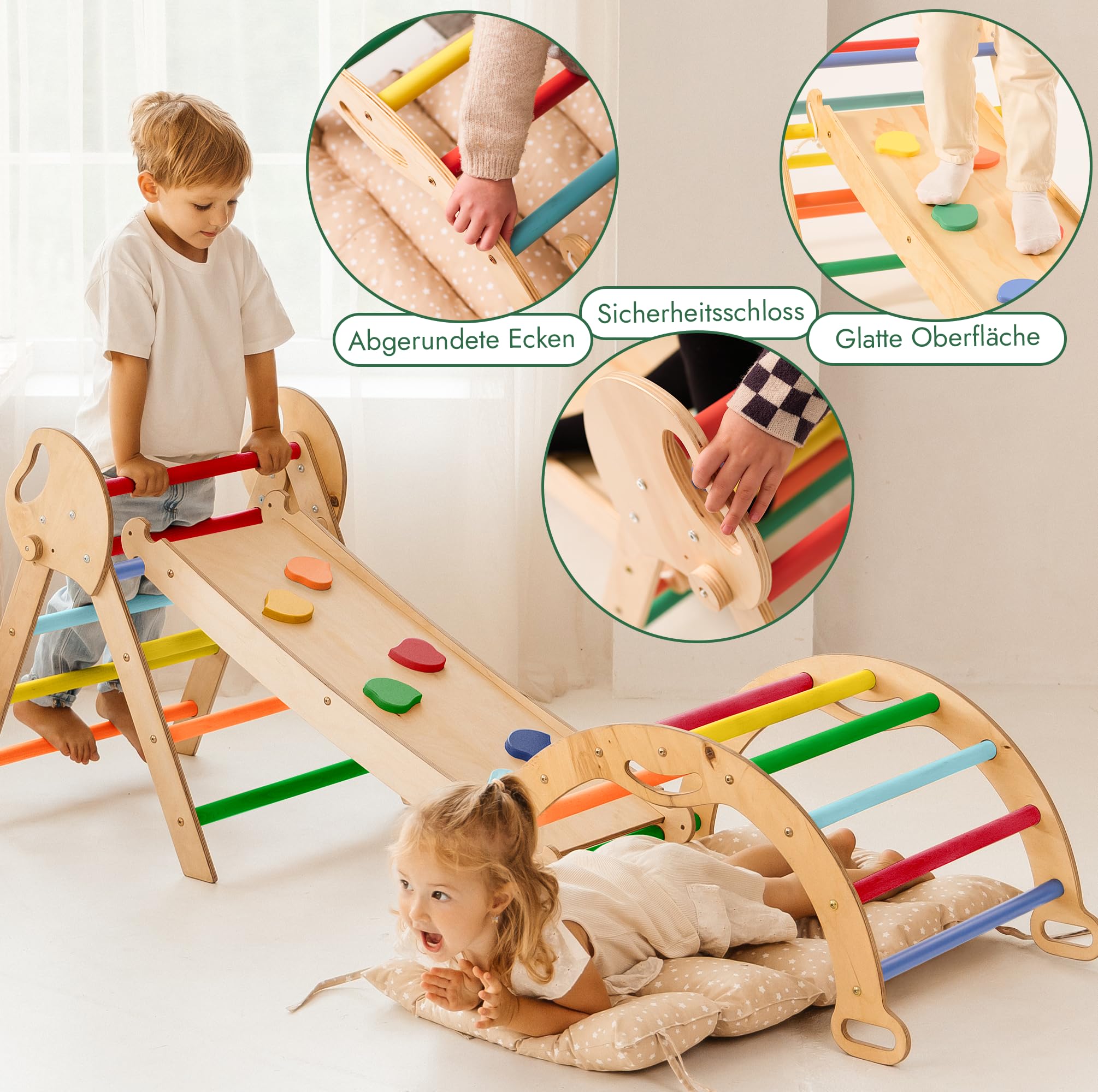 Goodevas 5-in-1 Montessori Klettergerüst Set: Indoor Kletterdreieck, Kletterbogen mit Kissen, und Rutsche für Kinder, Indoor Spielplatz 1-3 Jahre