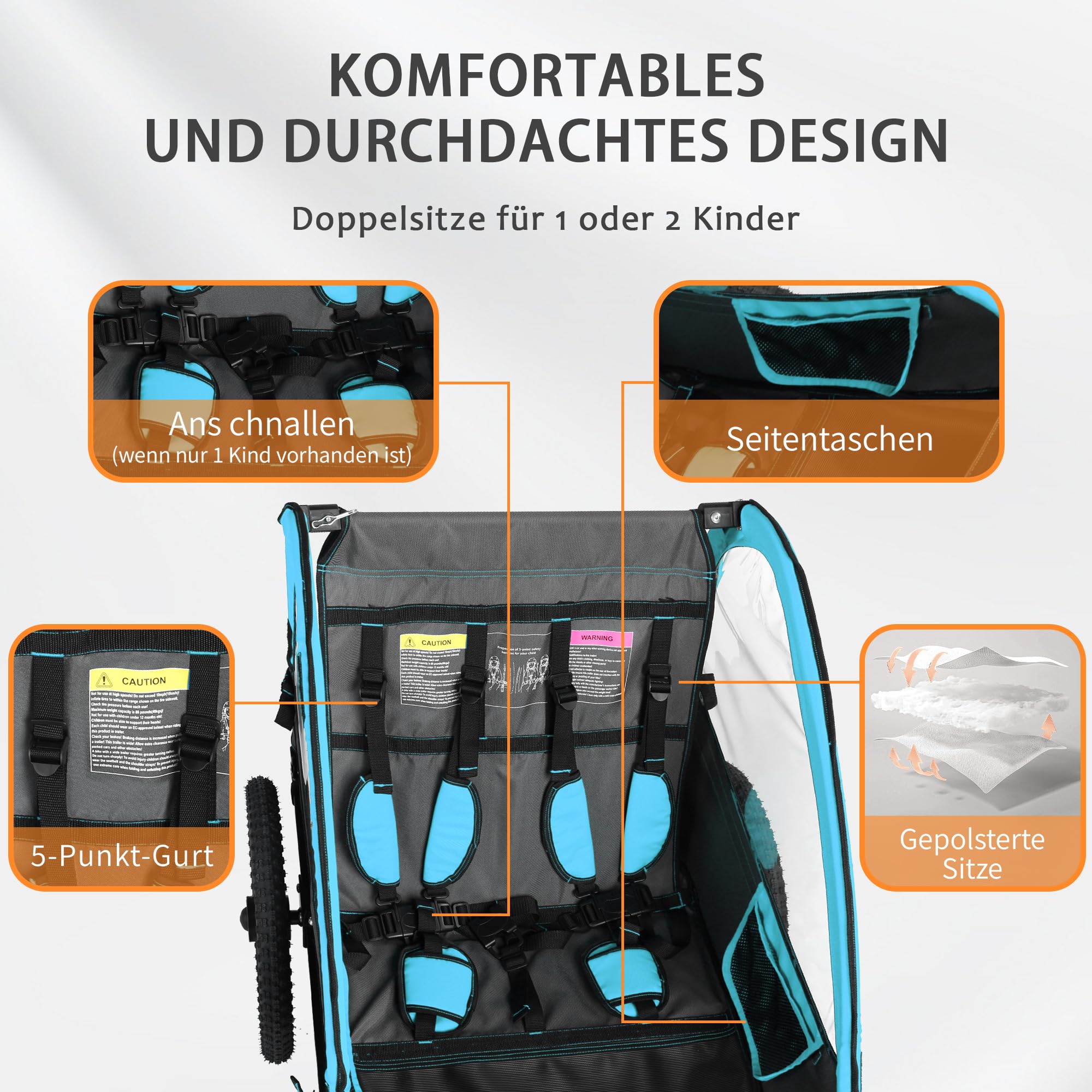 Fiximaster Kinderfahrradanhänger, Fahrradanhänger für 1-2 Kinder, Ergonomischer Sitz, Einfache Montage, Faltbar, Mit Luftreifen und Aufbewahrungstaschen