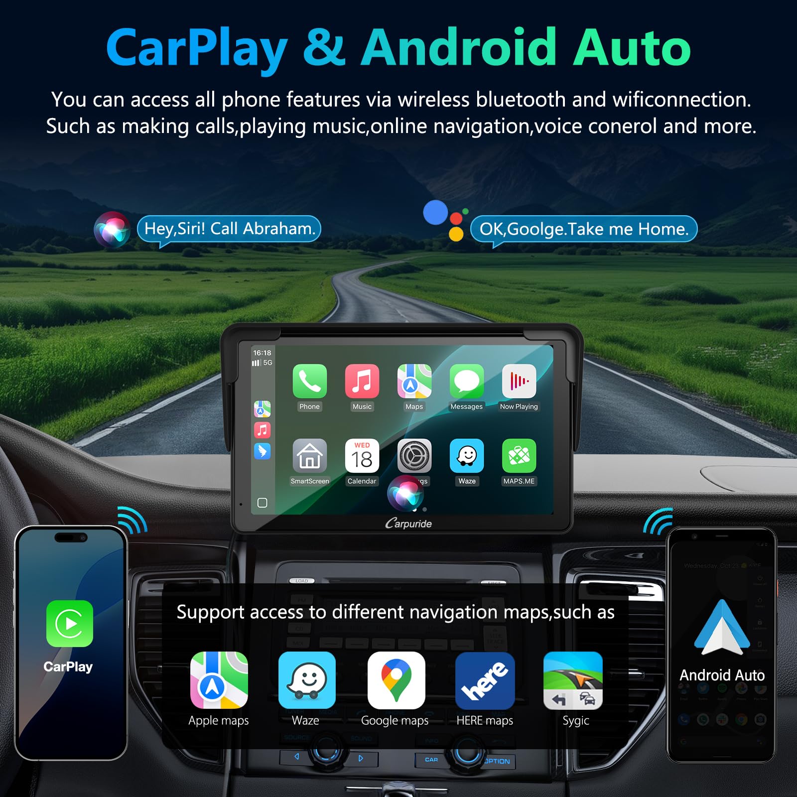 Carpuride Carplay Screen, Tragbares Kabelloses Carplay und Android-Auto, 7 Zoll 1080P HD-Touchscreen-Radio mit BT 5.0, Spiegel-Link-Unterstützung, LKW, Wohnmobil, Armaturenbrett-Halterung