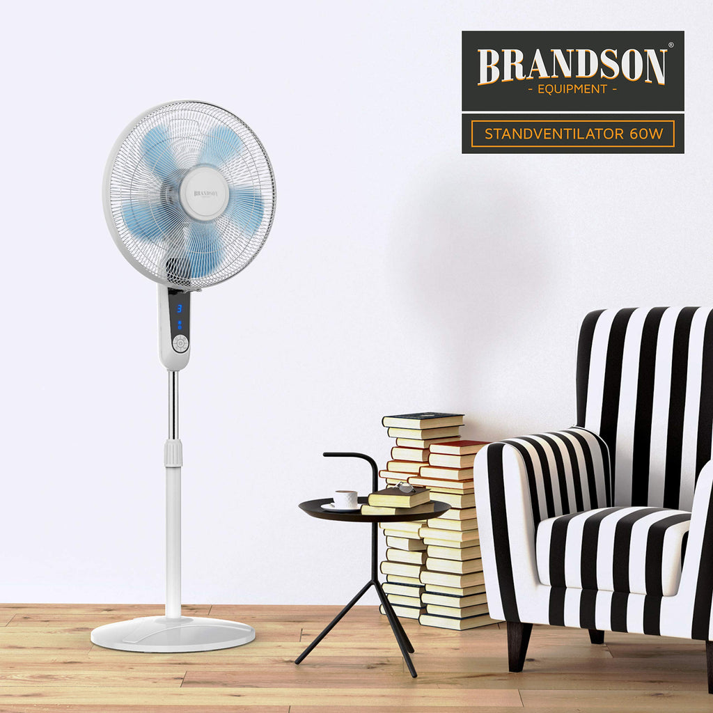 Brandson - Standventilator Silent mit Fernbedienung und Display - mobiler Lüfter - Oszillation 80° - 60 Watt - Ventilator leise - Höhe verstellbar 115-134 cm - Kopf um 35° neigbar