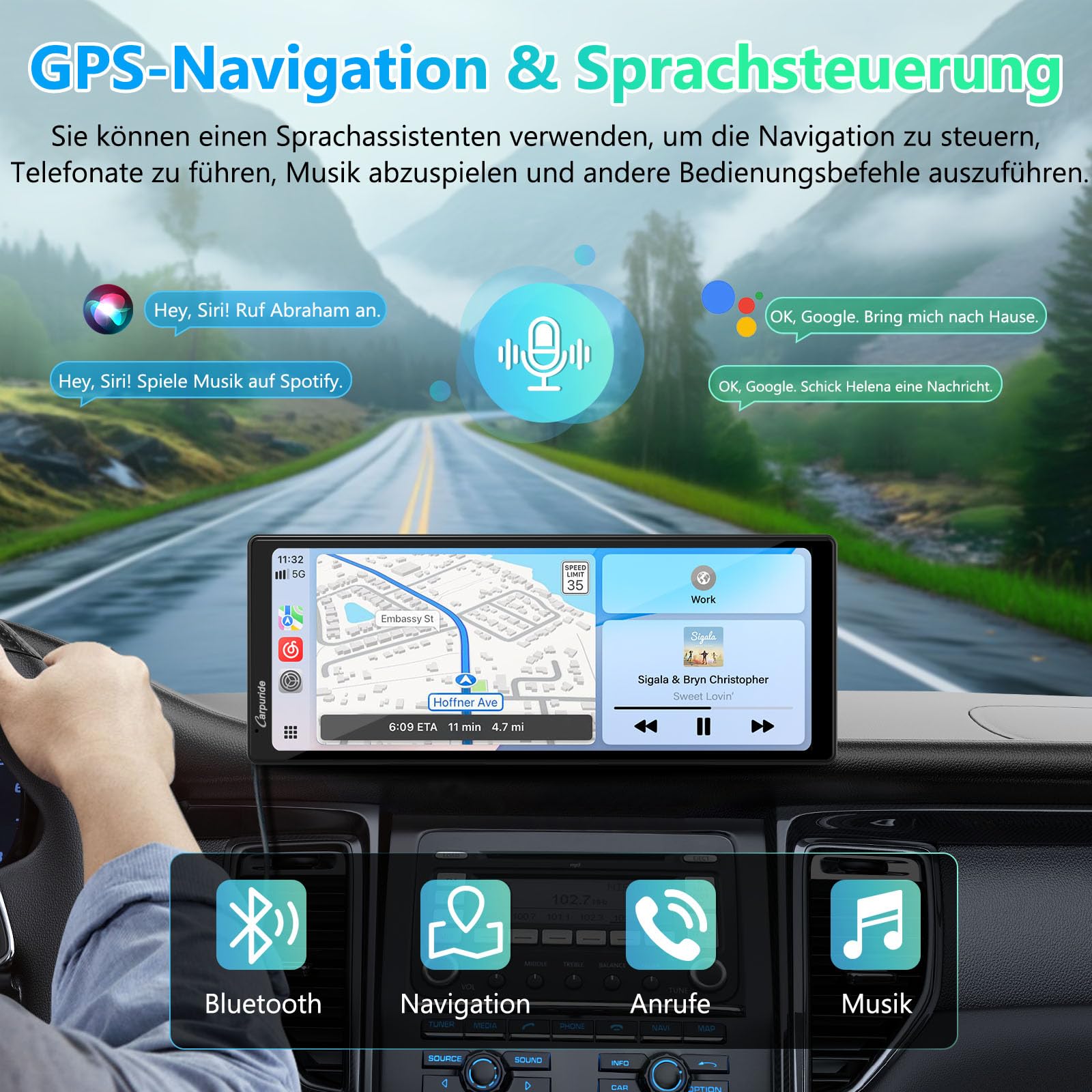 Carpuride V92 Tragbares Autoradio Kabellos Carplay & Android Auto, 10,26 Zoll 1080P HD Touchscreen Radio mit BT 5.0, Mirror Link Halterung Truck RV Armaturenbrett