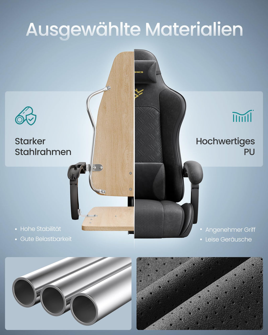 SONGMICS Gaming-Stuhl, Bürostuhl, Schreibtischstuhl, ergonomischer Gaming-Sessel, Sitzkissen mit Federn, Fußstütze, Armlehnen mit Synchronmechanik, tintenschwarz OBG079B01