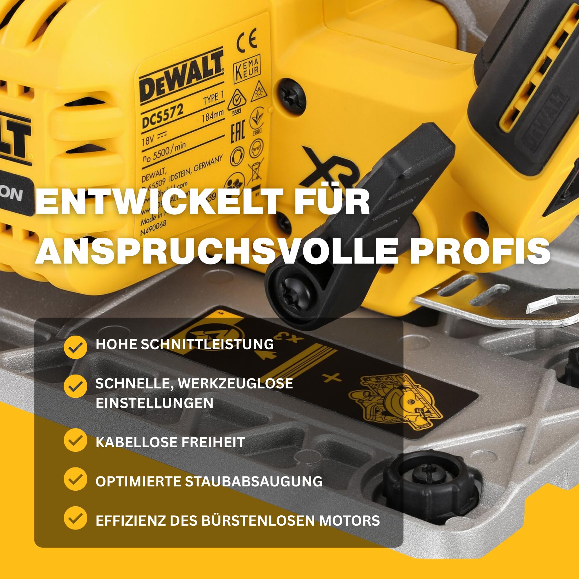 DEWALT XR 18V Bürstenloser 184mm Handkreissäge, Führungsschienen-kompatibel, 58mm Schnitttiefe, Werkzeuglose Einstellung, TSTAK Koffer, LED, AirLock Staubabsaugung, Solo-Gerät – DCS572NT-XJ