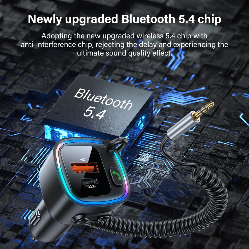 Aux Bluetooth 5.4 Adapter Auto Bluetooth Empfänger Klinke 3.5mm für Freisprechanruf und Wireless Musik Kompatibel Schnellladung AutoLadegerät 42W (PD 30W&QC 12W) HiFi-Stereo U-Disk RGB Umgebungslicht